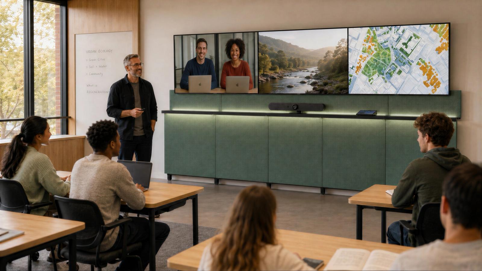 Framework-style meeting room system with integrated display, camera, and AV hardware in a finished workplace room.