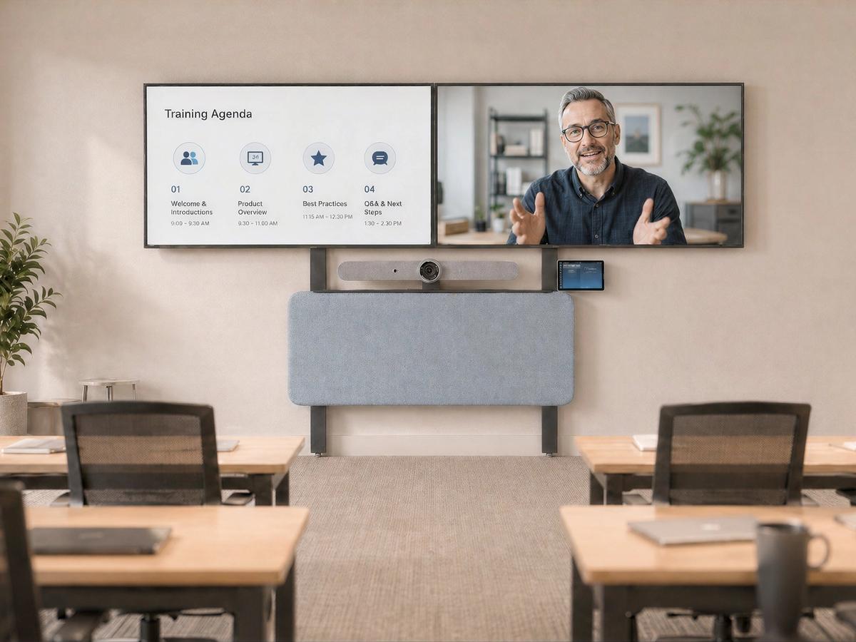 Training room with a front-of-room presentation display.