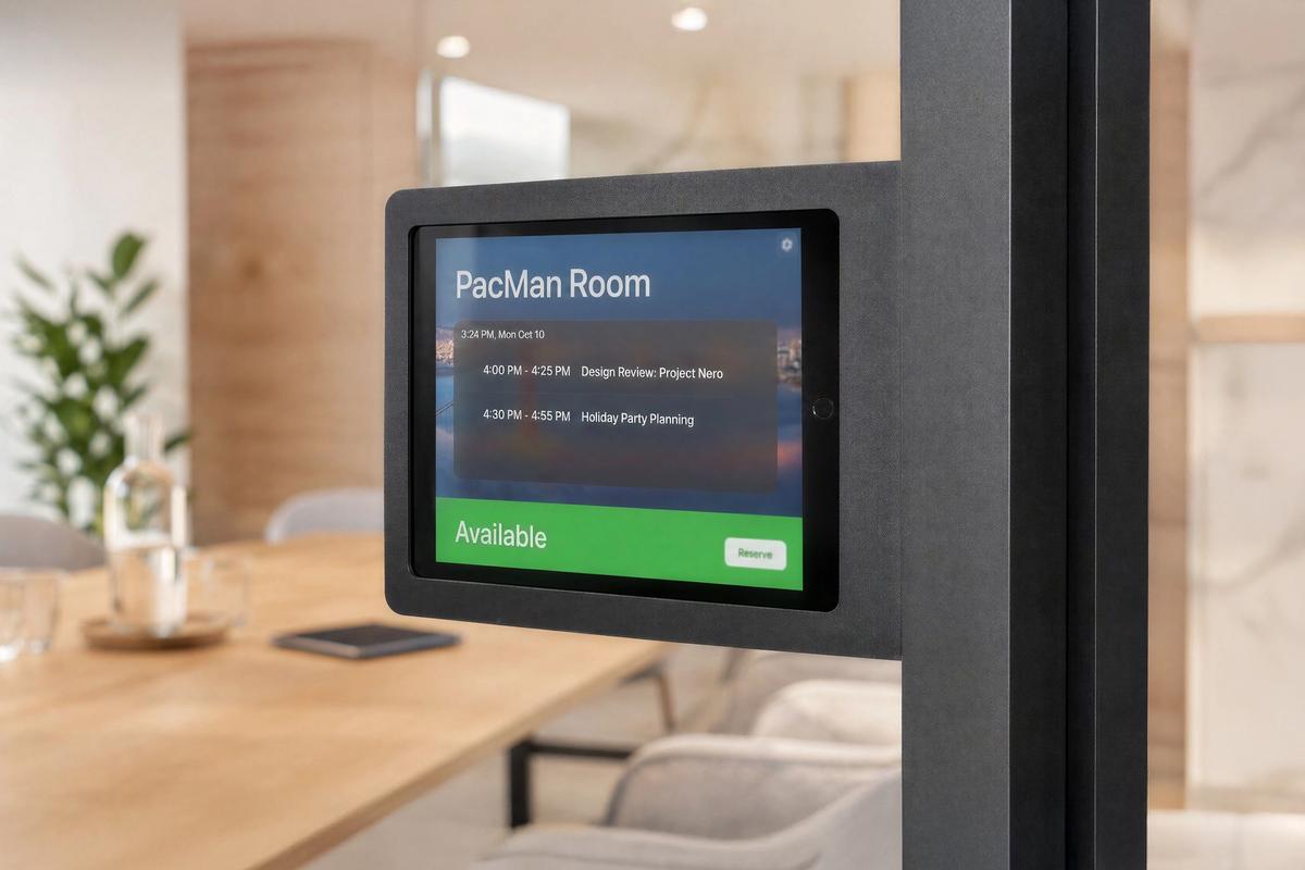Workplace meeting room with mounted collaboration technology.
