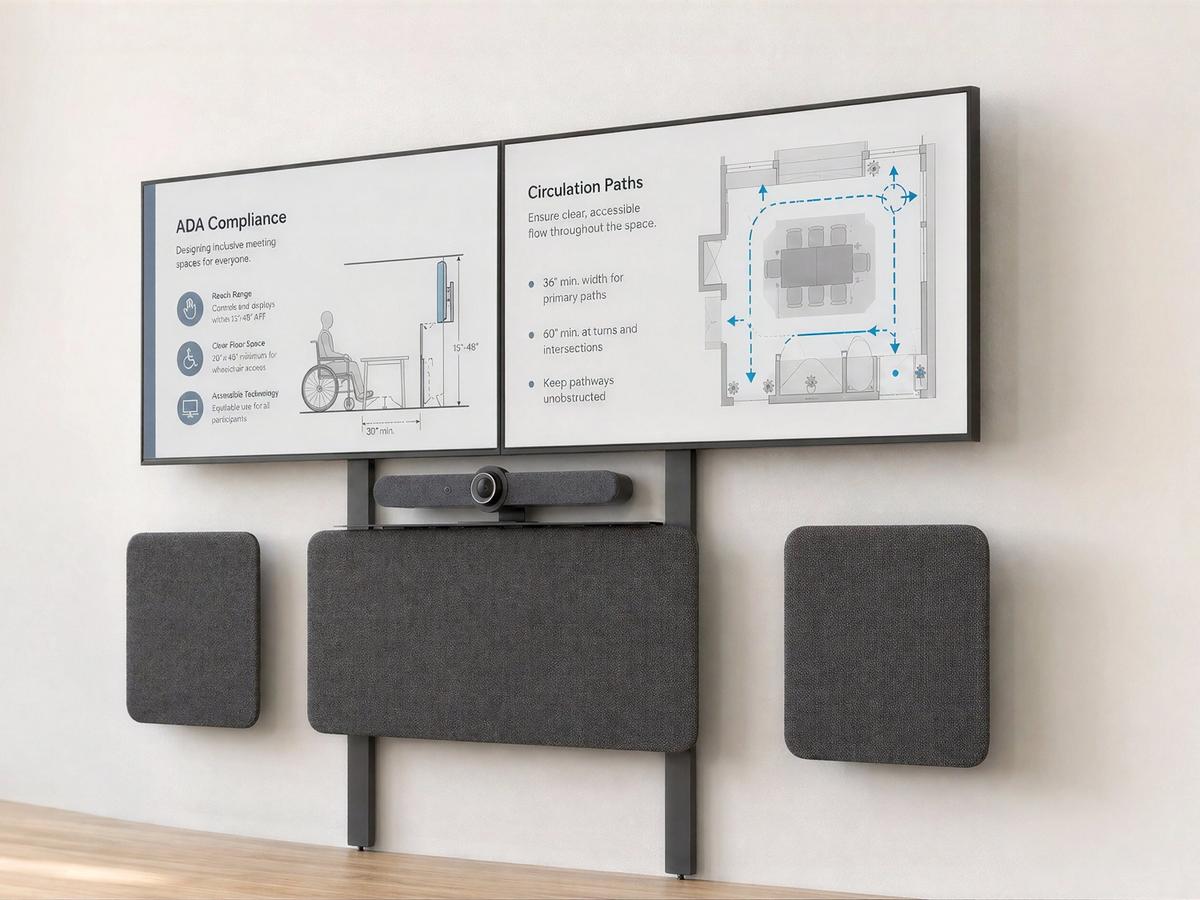 Meeting room detail representing low-profile AV wall geometry.
