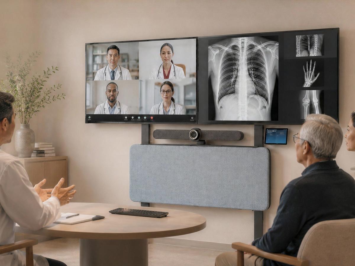 Accessible consultation room environment with front-of-room AV hardware.