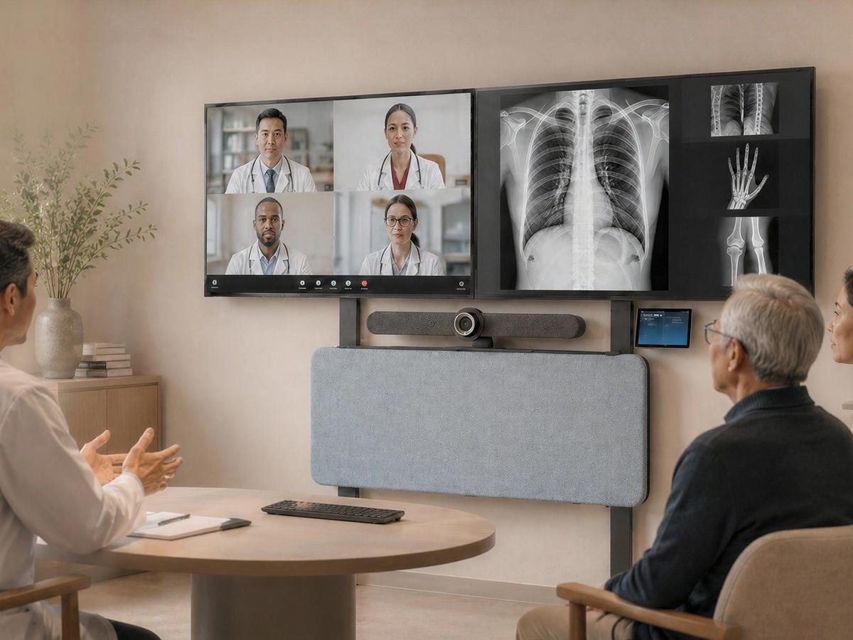 Accessible consultation room environment with front-of-room AV hardware.