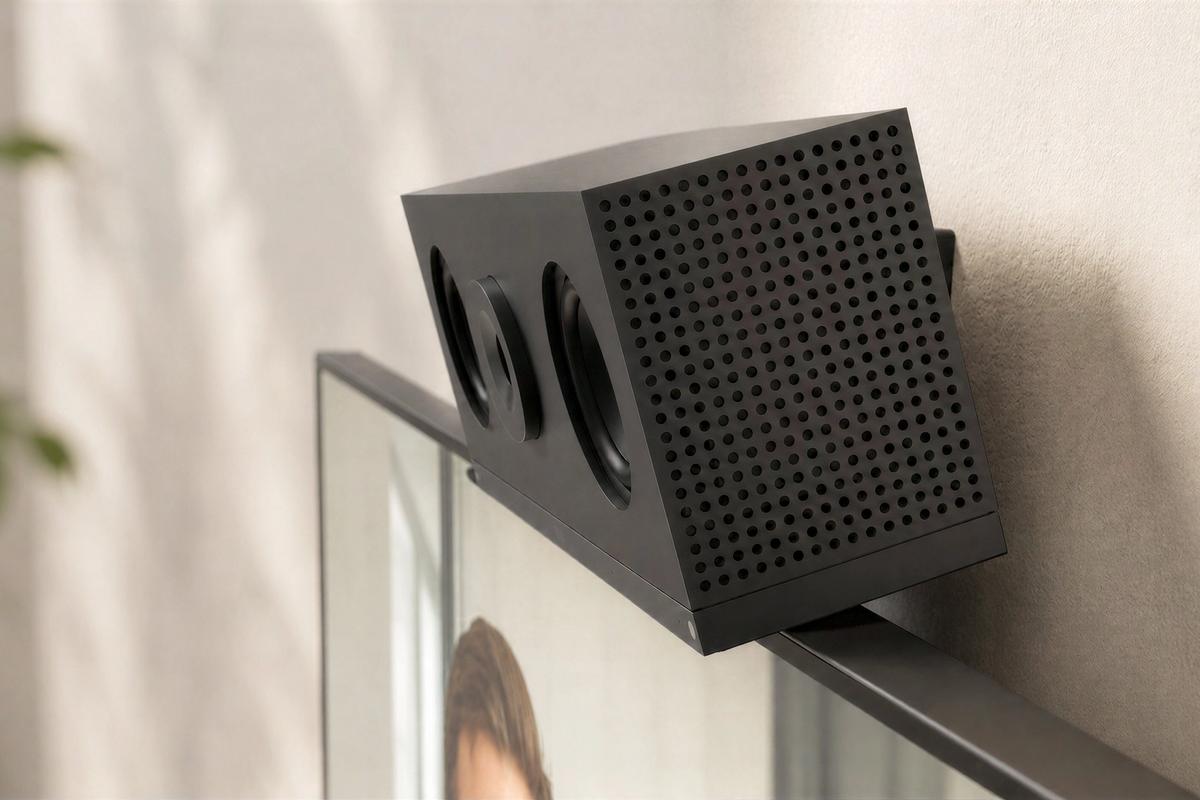 Compact camera mounted near a display in a collaboration room.