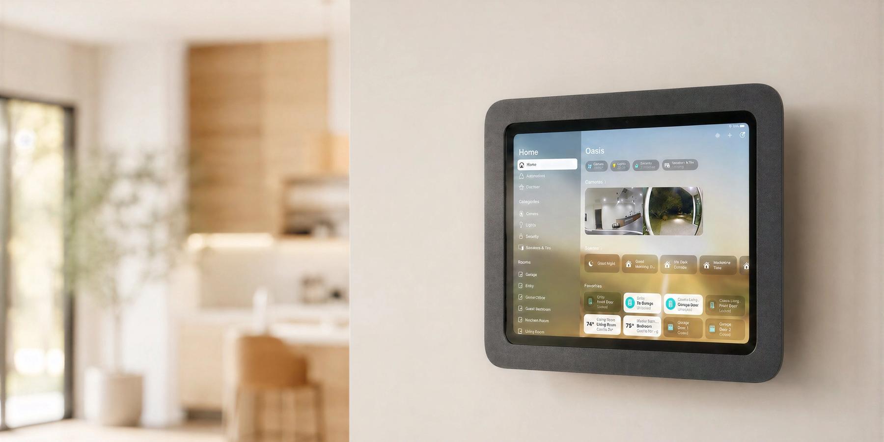 Low-profile Heckler wall mount holding an iPad as a room scheduling or control interface.