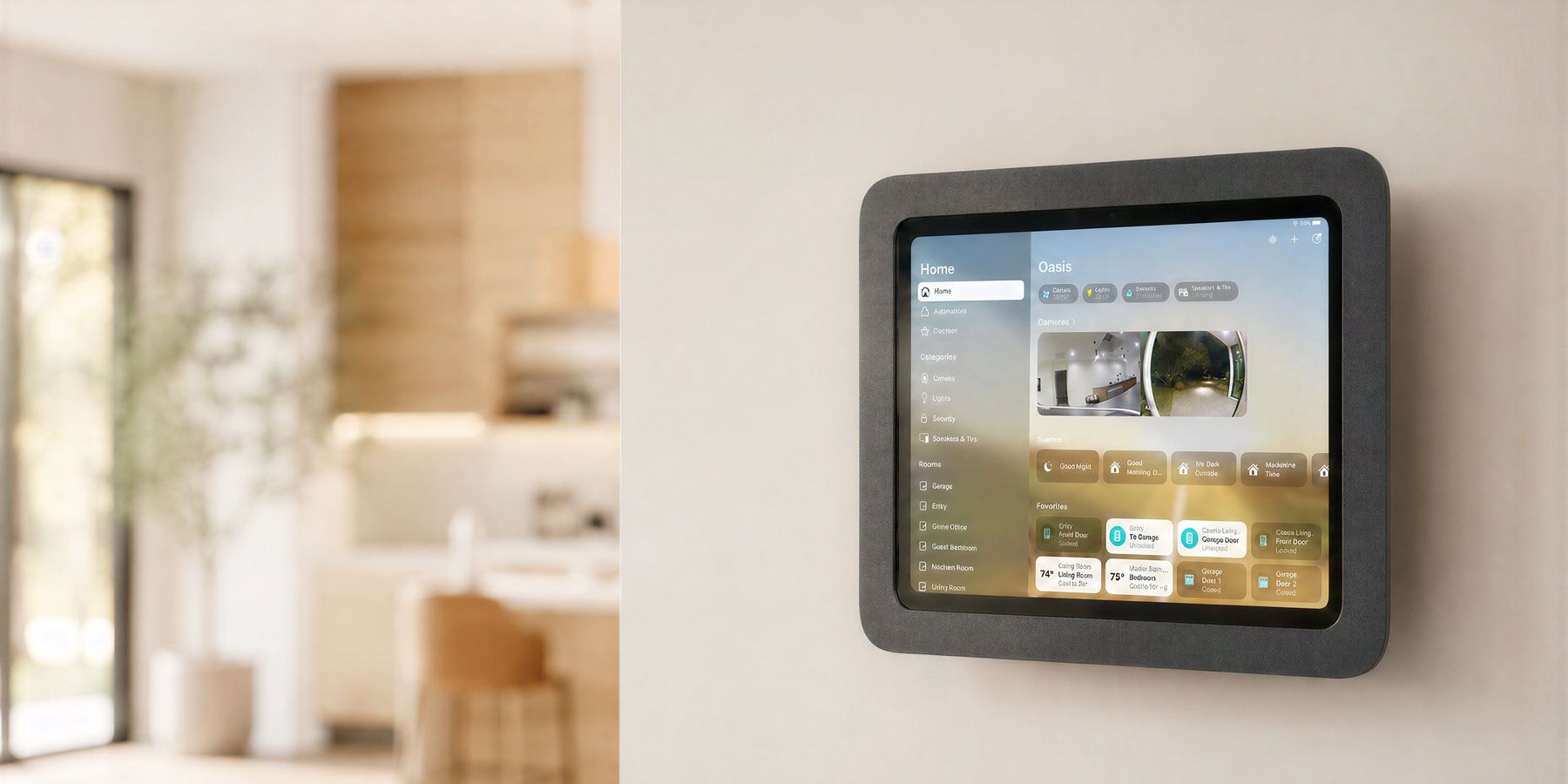 Low-profile Heckler wall mount holding an iPad as a room scheduling or control interface.
