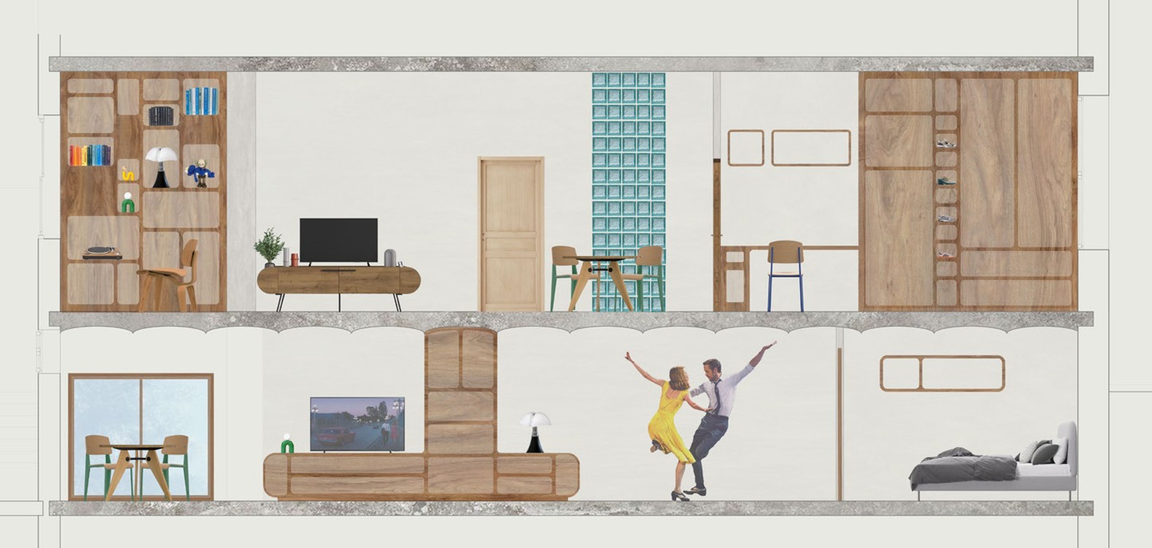 Coupe perspective habitée du logement sur deux niveaux, mobilier et usages représentés