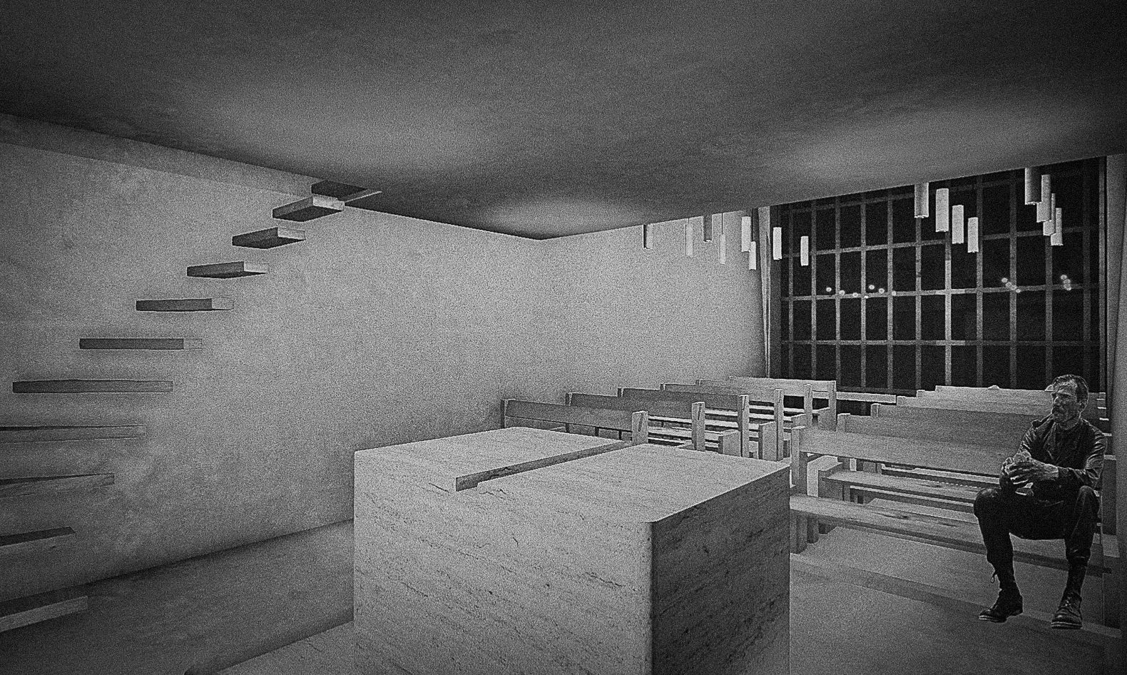 Vue intérieure de la chapelle en noir et blanc : autel de pierre, bancs de bois et escalier suspendu
