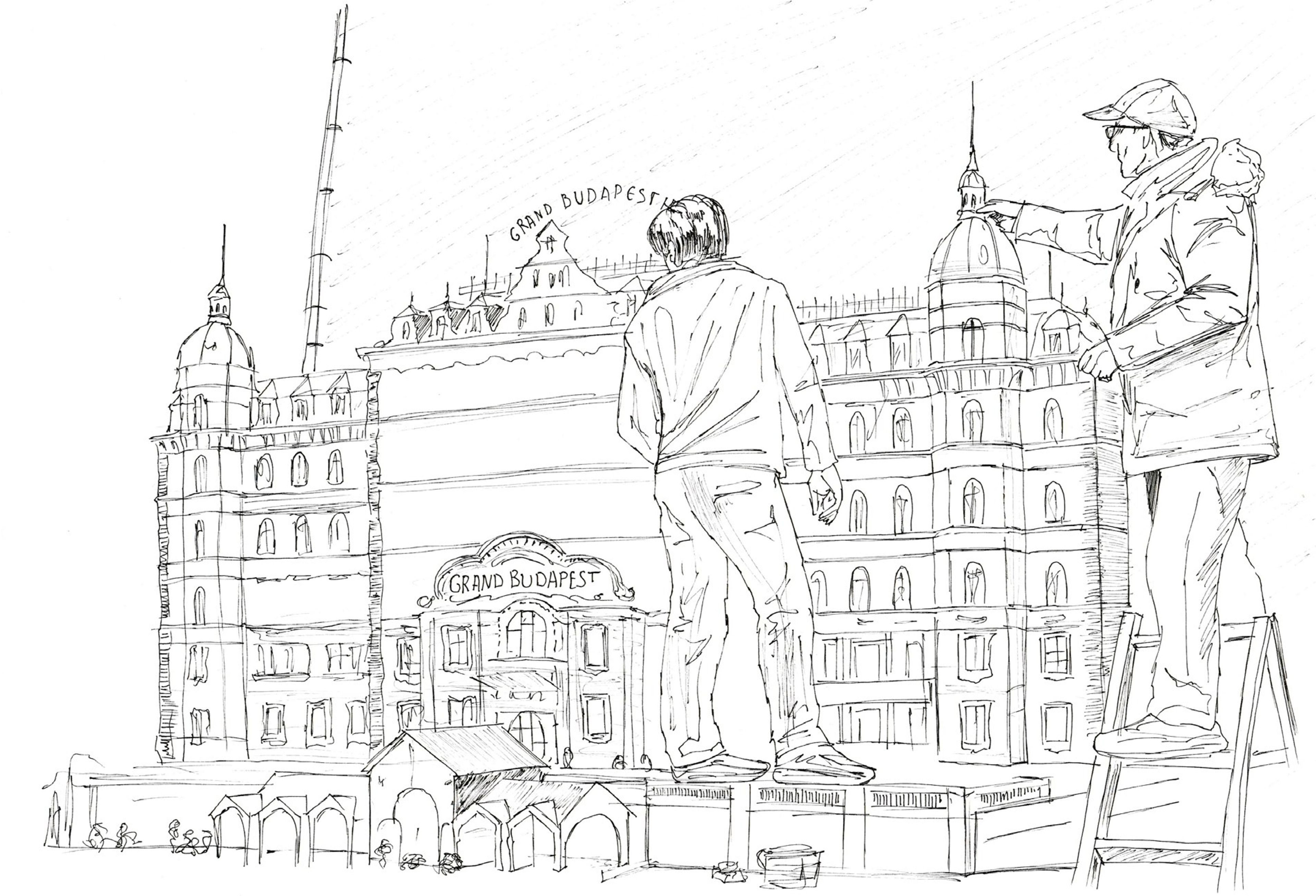 Croquis à l'encre de deux peintres achevant la façade du Grand Budapest Hotel