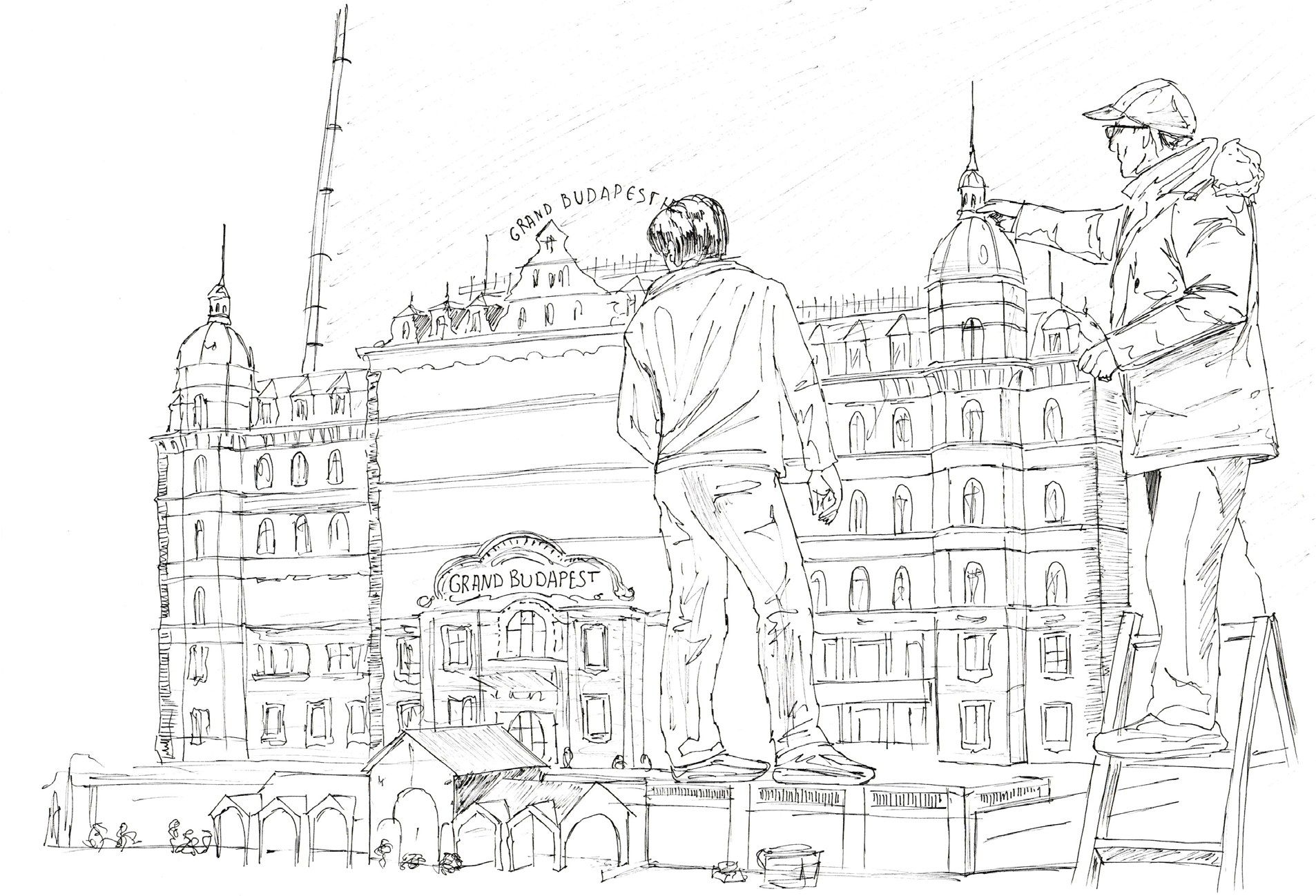 Croquis à l'encre de deux peintres achevant la façade du Grand Budapest Hotel