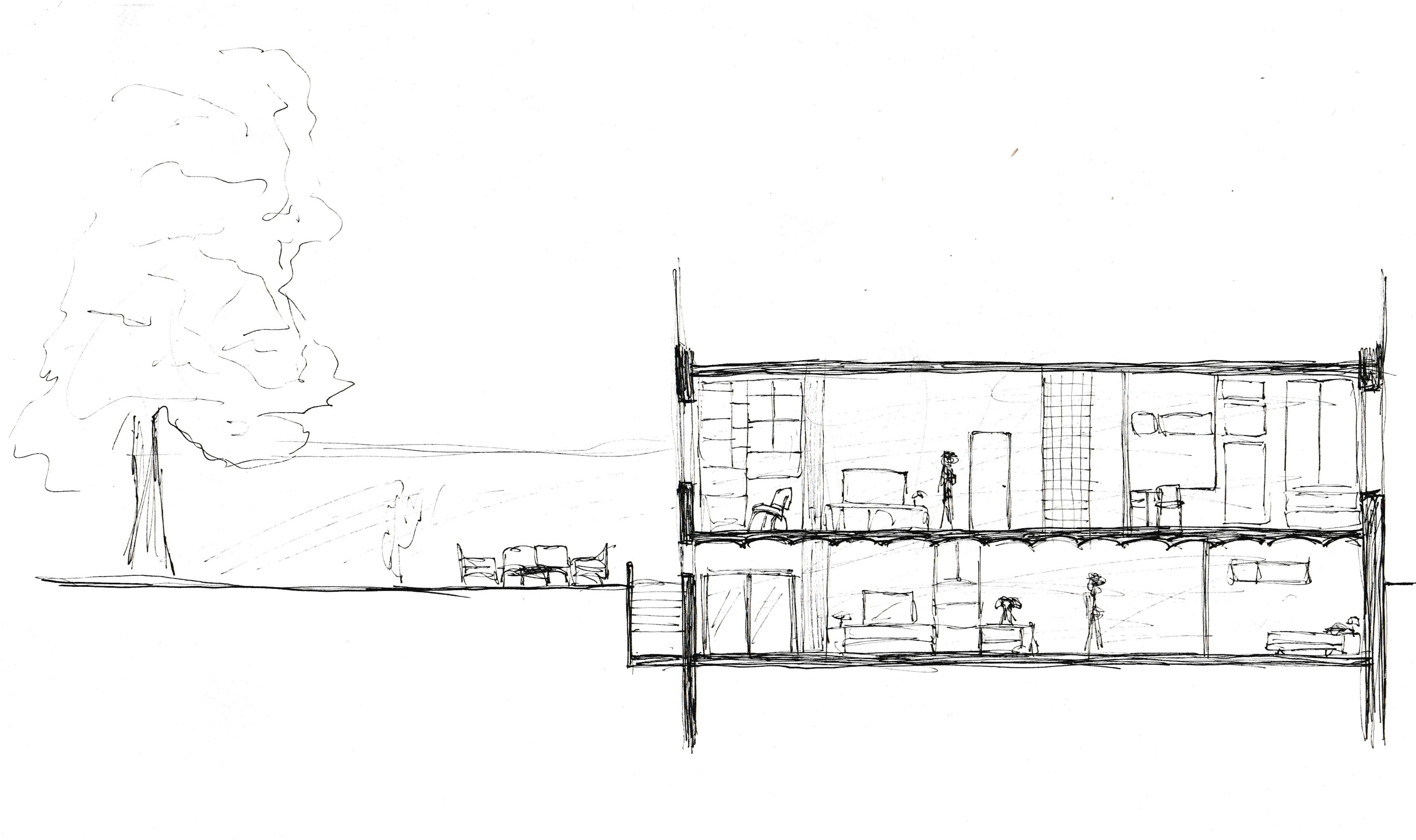 Coupe perspective habitée du logement sur deux niveaux, mobilier et usages représentés