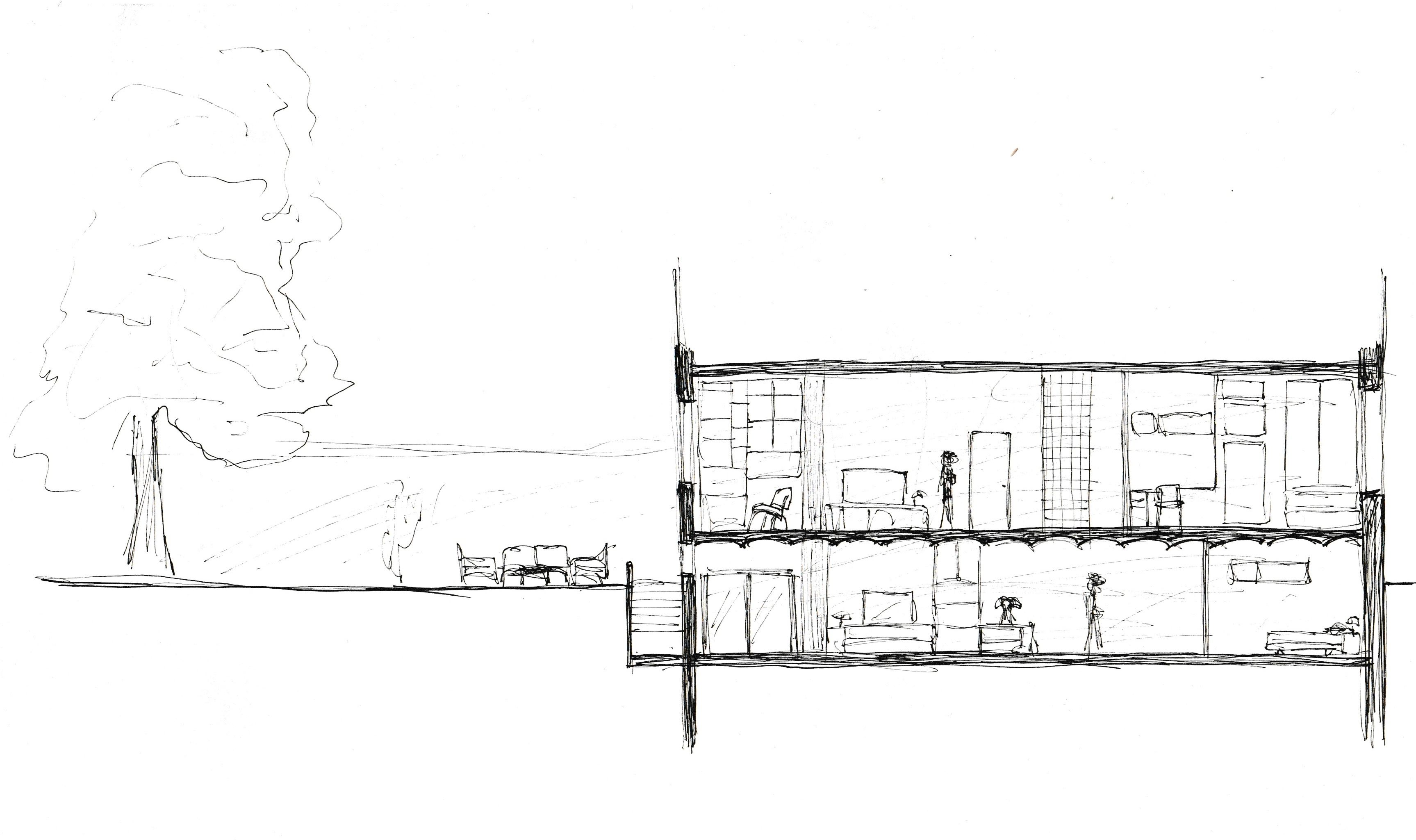 Coupe perspective habitée du logement sur deux niveaux, mobilier et usages représentés