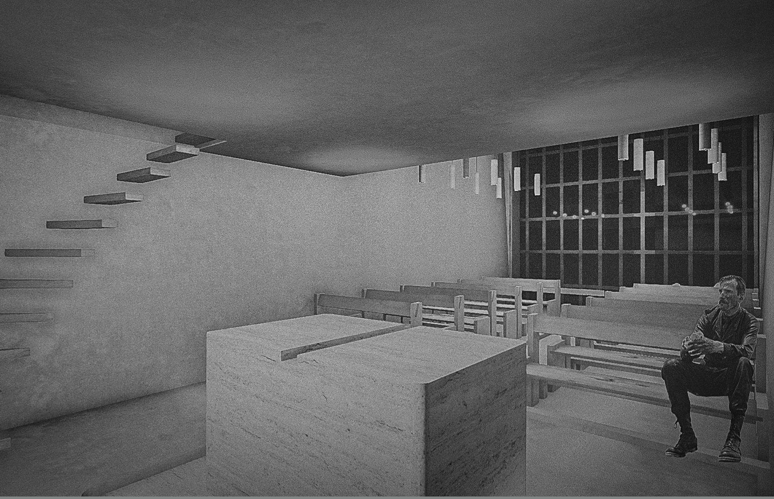 Vue intérieure de la chapelle en noir et blanc : autel de pierre, bancs de bois et escalier suspendu