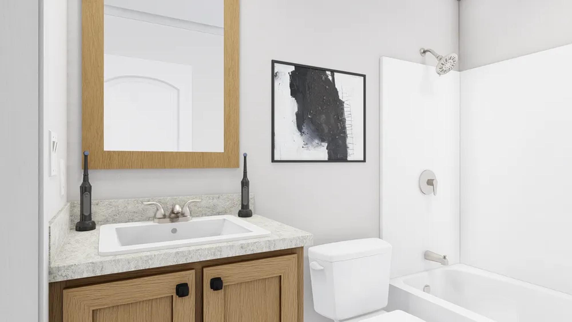 Small bathroom with a single sink and a bathtub-shower combo.