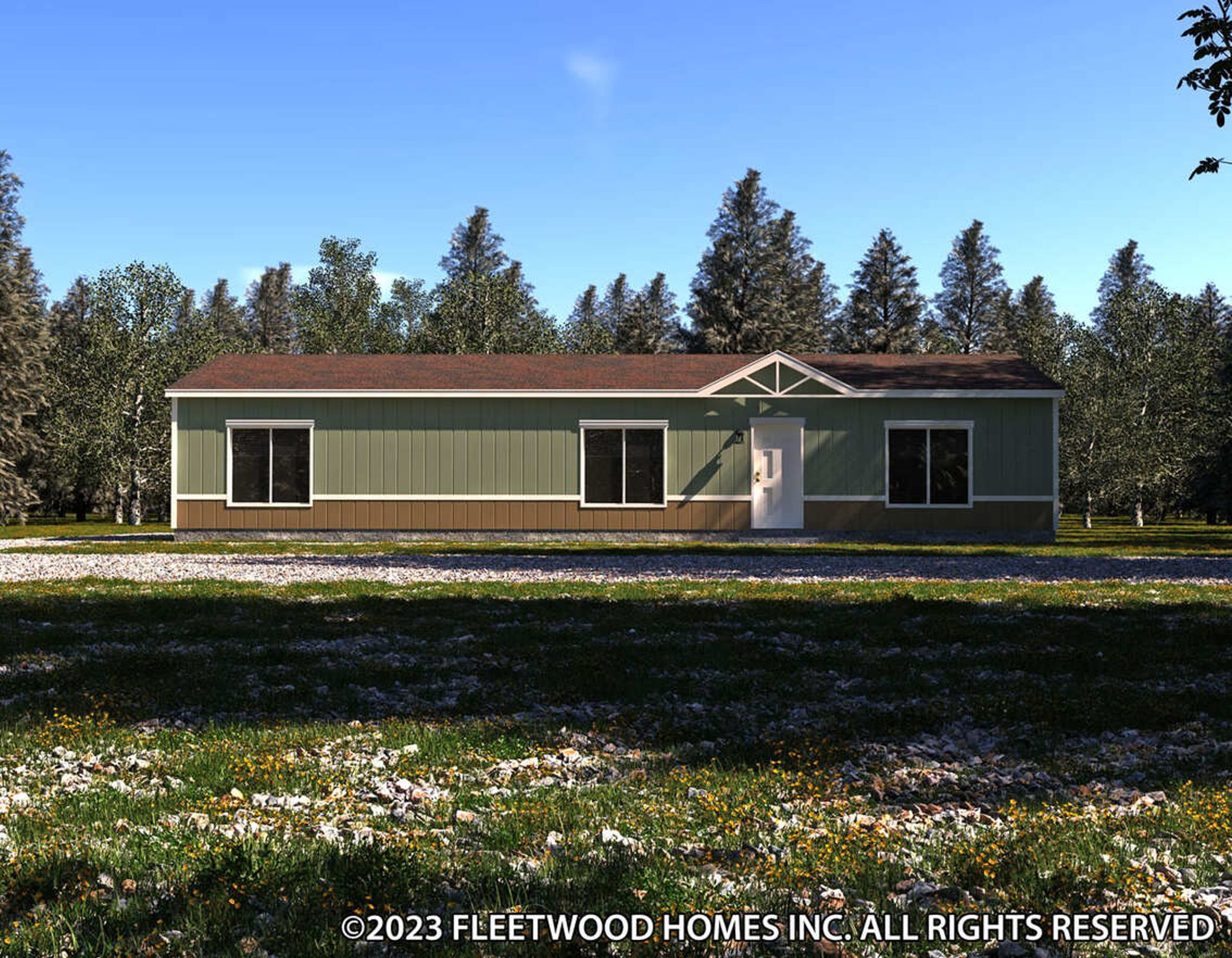 Single-story manufactured home with green and brown siding, white trim, a front entry door, and large windows, set against a wooded backdrop.