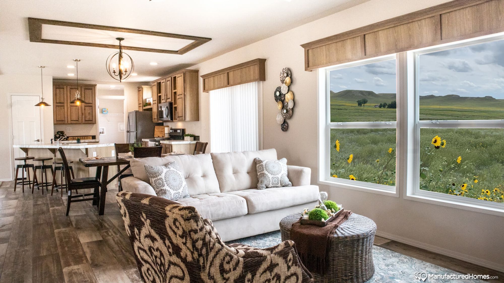 Open concept kitchen, dining room, and living room.