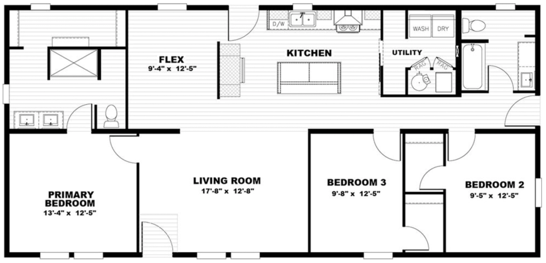 Blue print with 3 bedrooms, a kitchen, a dining area, a living room, and 2 bathrooms