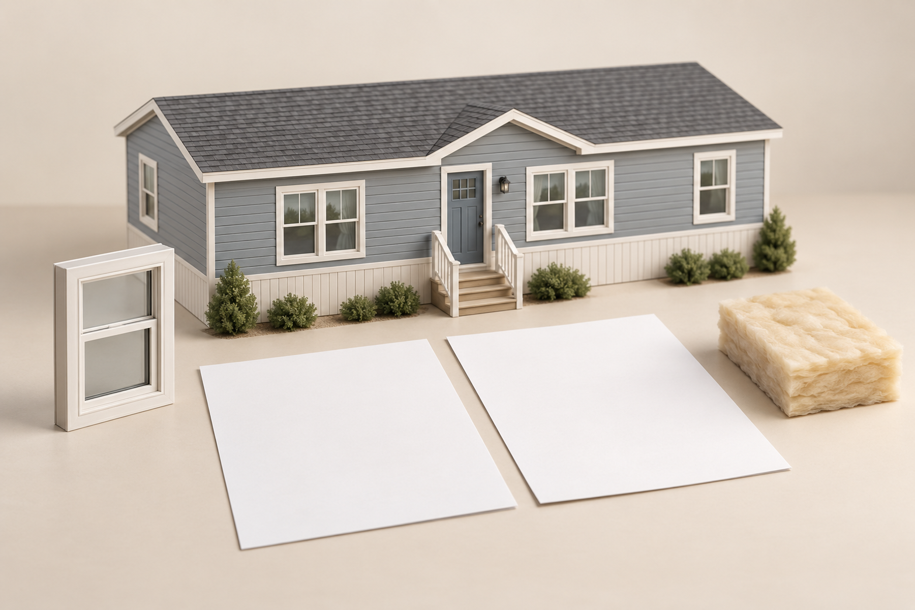 Illustrated manufactured-home miniature with two blank comparison sheets, a window sample, and an insulation swatch.