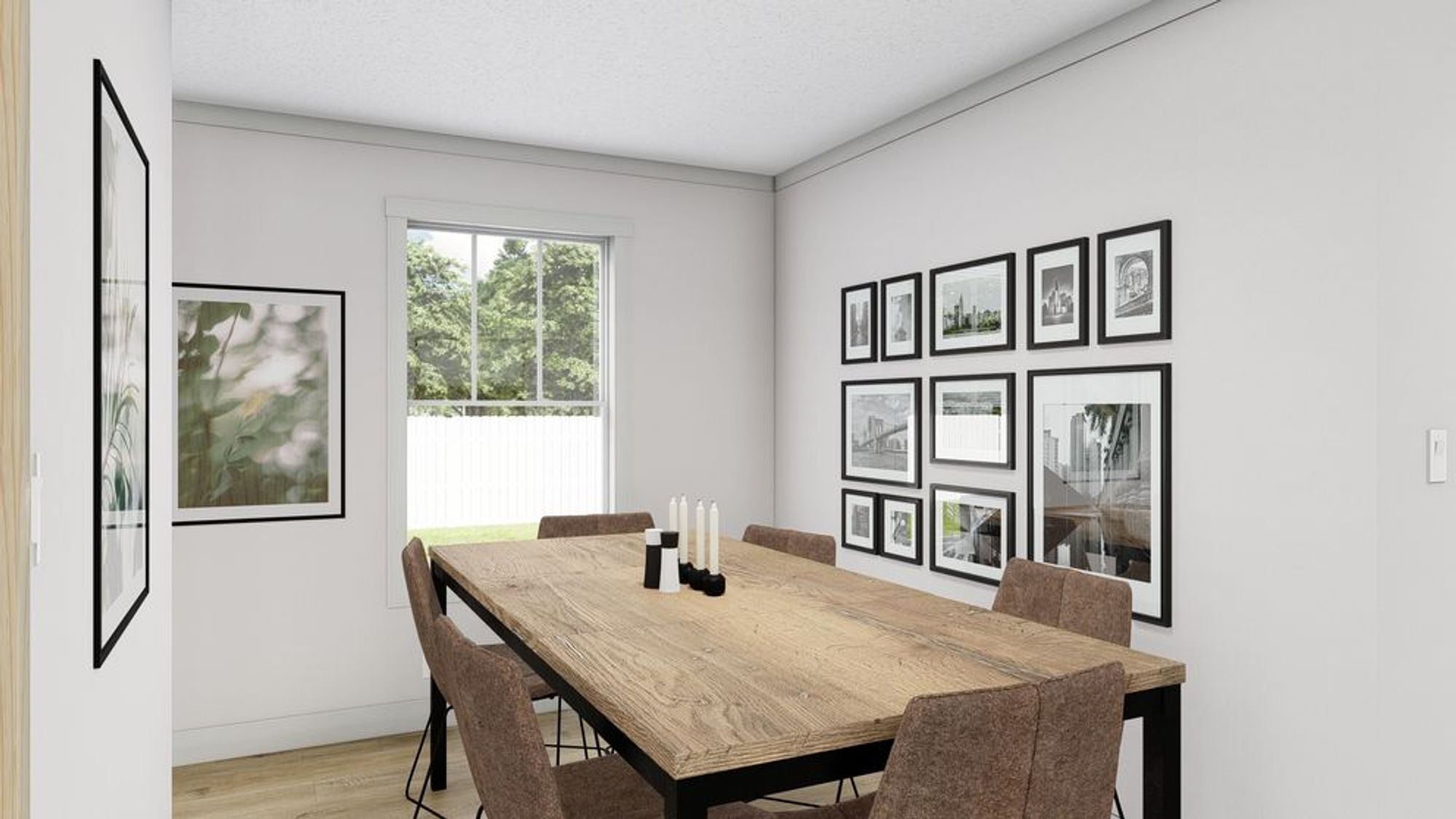 Dining room with large rustic wood table, six brown upholstered chairs, framed photo gallery wall, and view of fenced backyard through window.