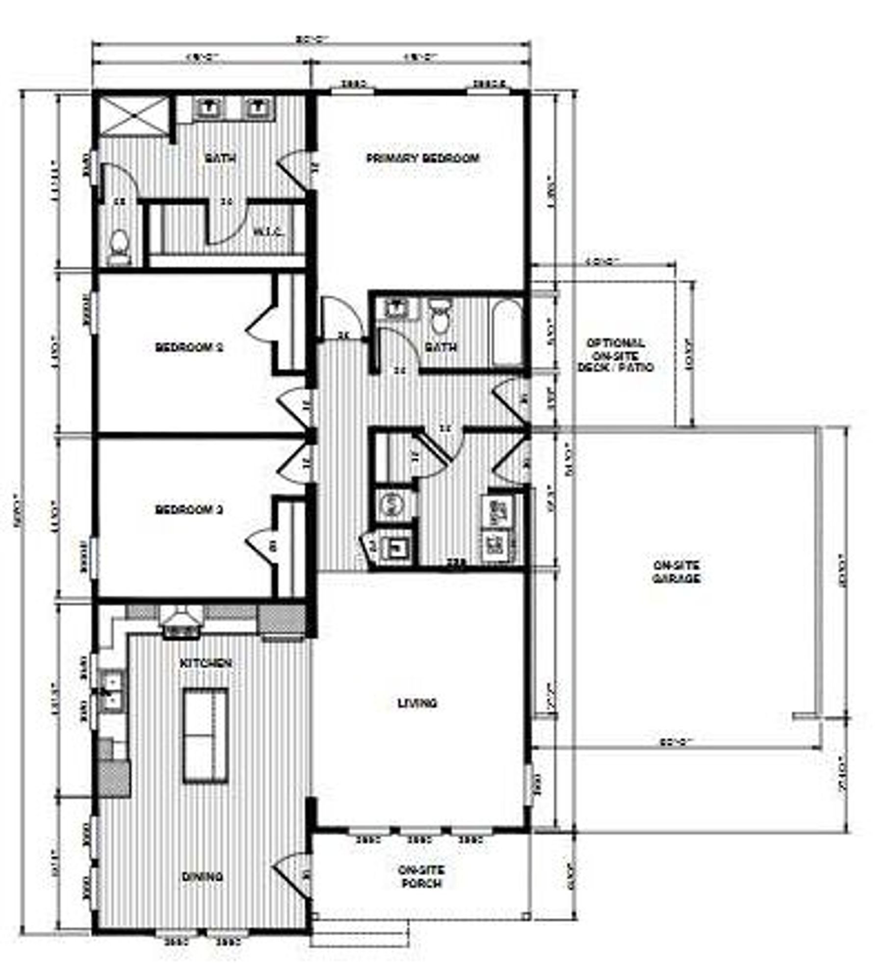 Floor plan of a single-story house with 3 bedrooms, 2 bathrooms, open kitchen and dining area, living room, attached garage, and optional deck patio