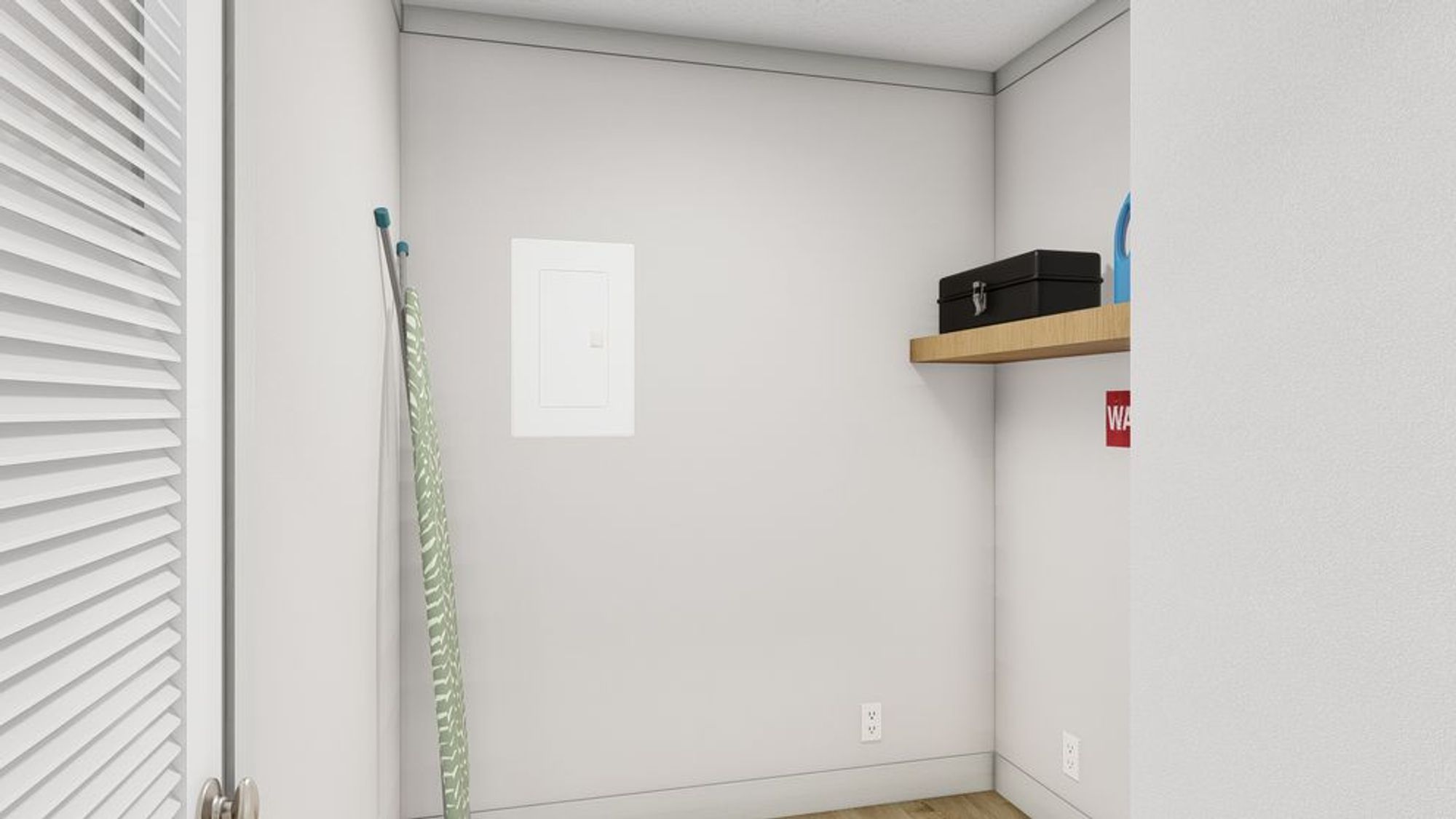 Utility closet with white walls, louvered doors, floating wood shelf with storage box, and cleaning supplies including mop and broom.