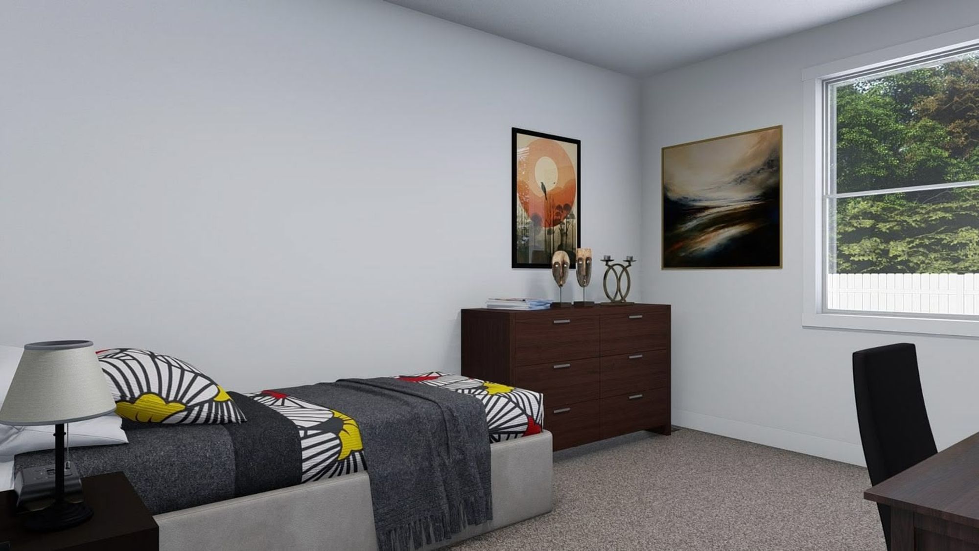 Medium bedroom with a single bed, dresser, and desk.