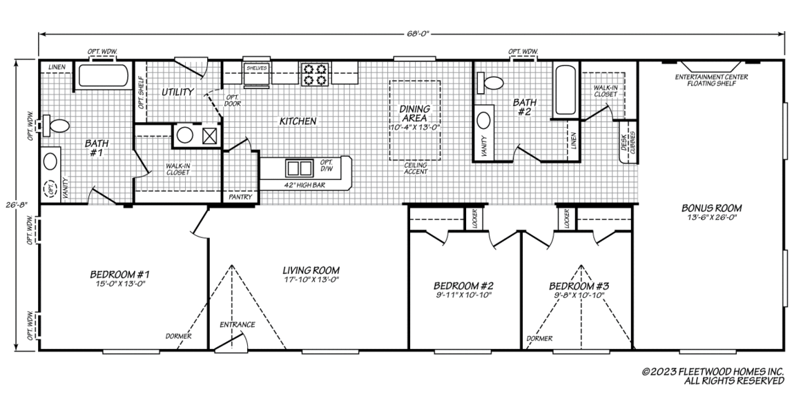 Floor plan of a 68' x 26'-8" manufactured home featuring 3 bedrooms, 2 bathrooms, a spacious living room, kitchen with island and dining area, utility room with storage, walk-in closets, and a large bonus room with an entertainment center.