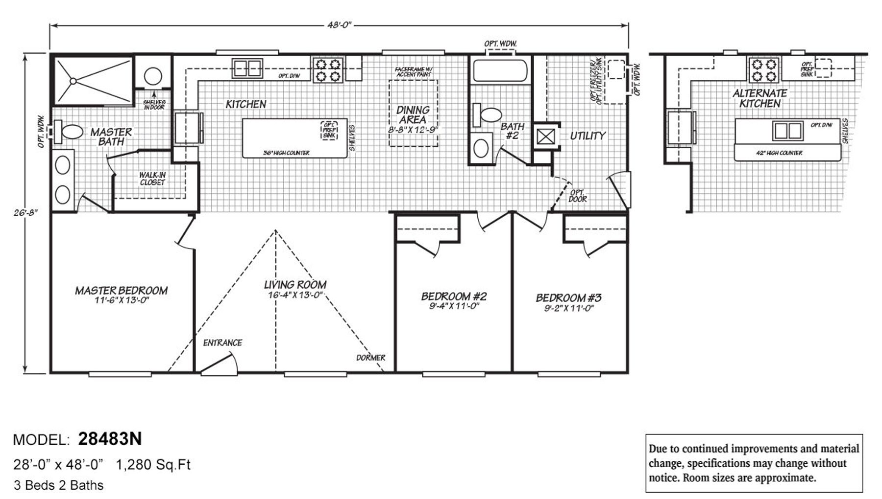 Floor plan for model 28483N showing 3-bedroom, 2-bathroom layout with 1,280 sq ft and alternate kitchen option