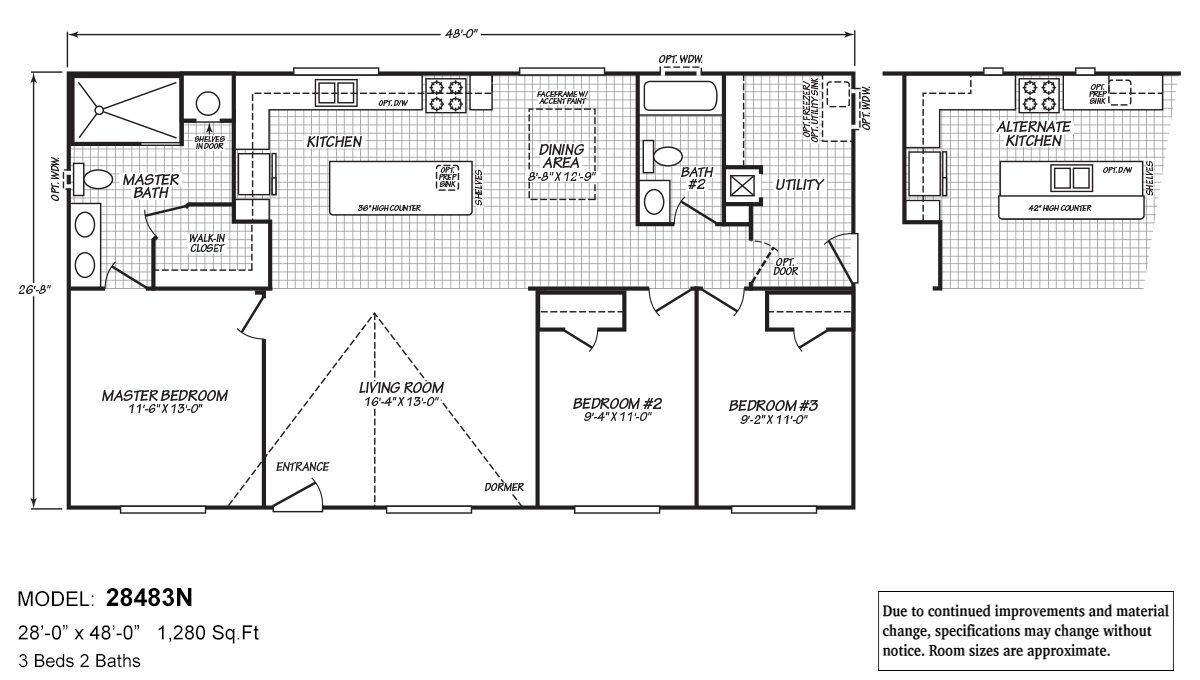 Floor plan for model 28483N showing 3-bedroom, 2-bathroom layout with 1,280 sq ft and alternate kitchen option