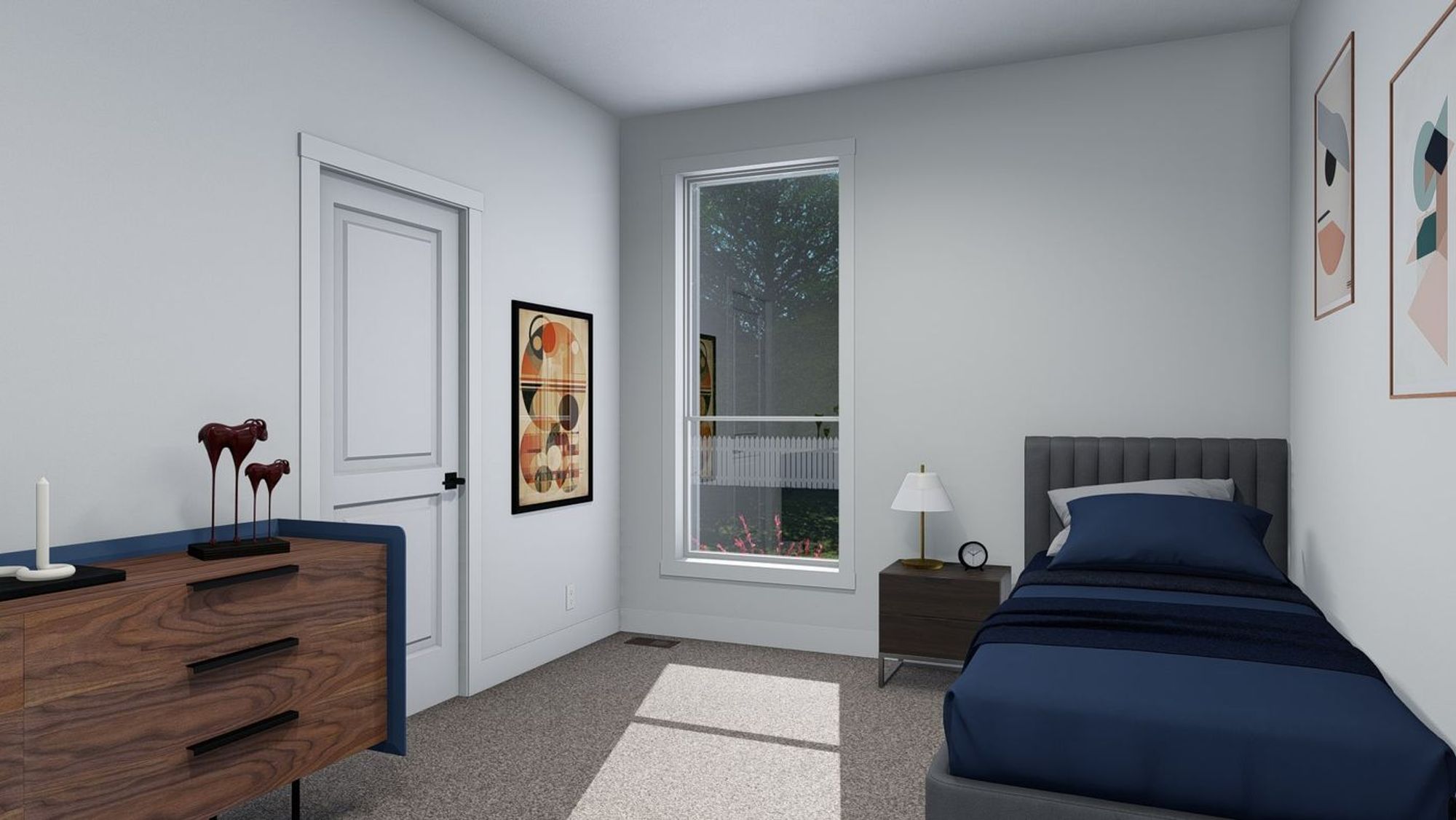 Small bedroom with a single bed and a dresser.