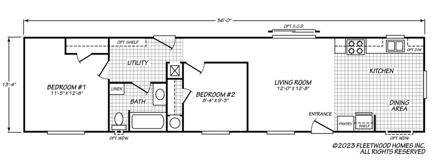 This is a 2-bedroom, 1-bath home with a central living room, kitchen with dining area, utility space, and a large primary bedroom.