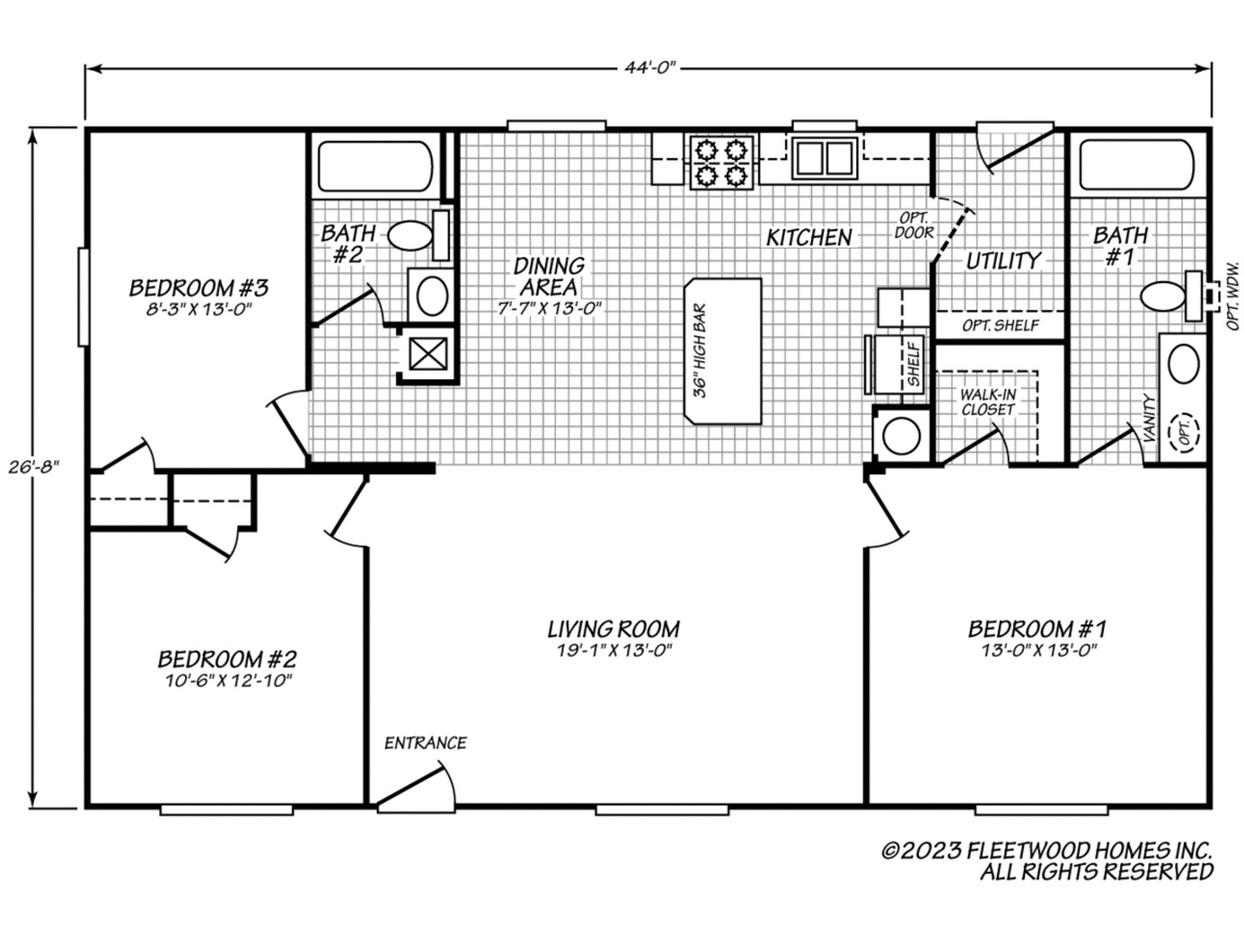 3-bedroom, 2-bath home with large living room, island kitchen with dining area, and utility room with walk-in closet.