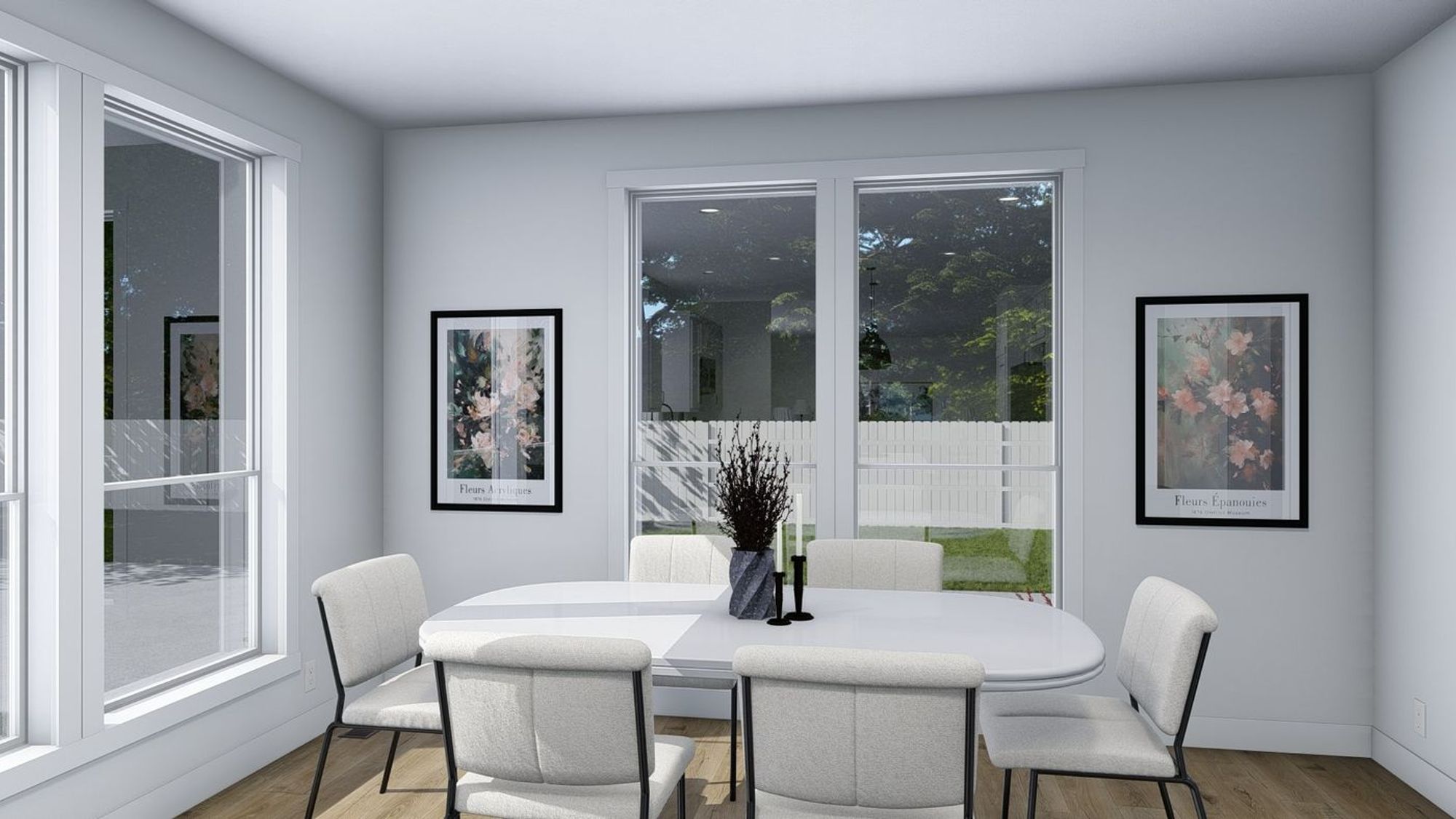 Dining room with glass sliding doors and a table that seats 6.