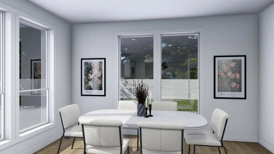 Dining room with glass sliding doors and a table that seats 6.