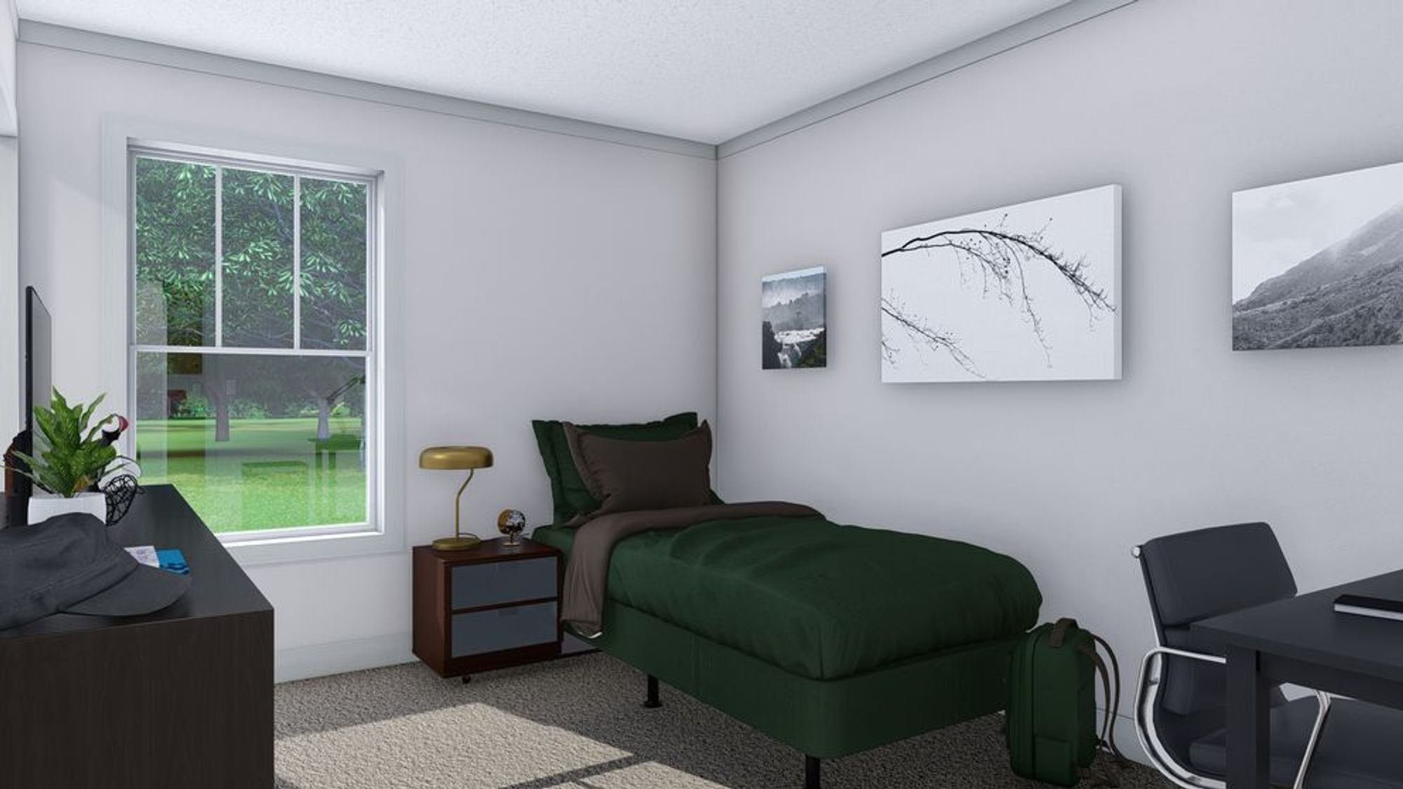 Mid-sized bedroom with a twin bed , a desk, and a side table.