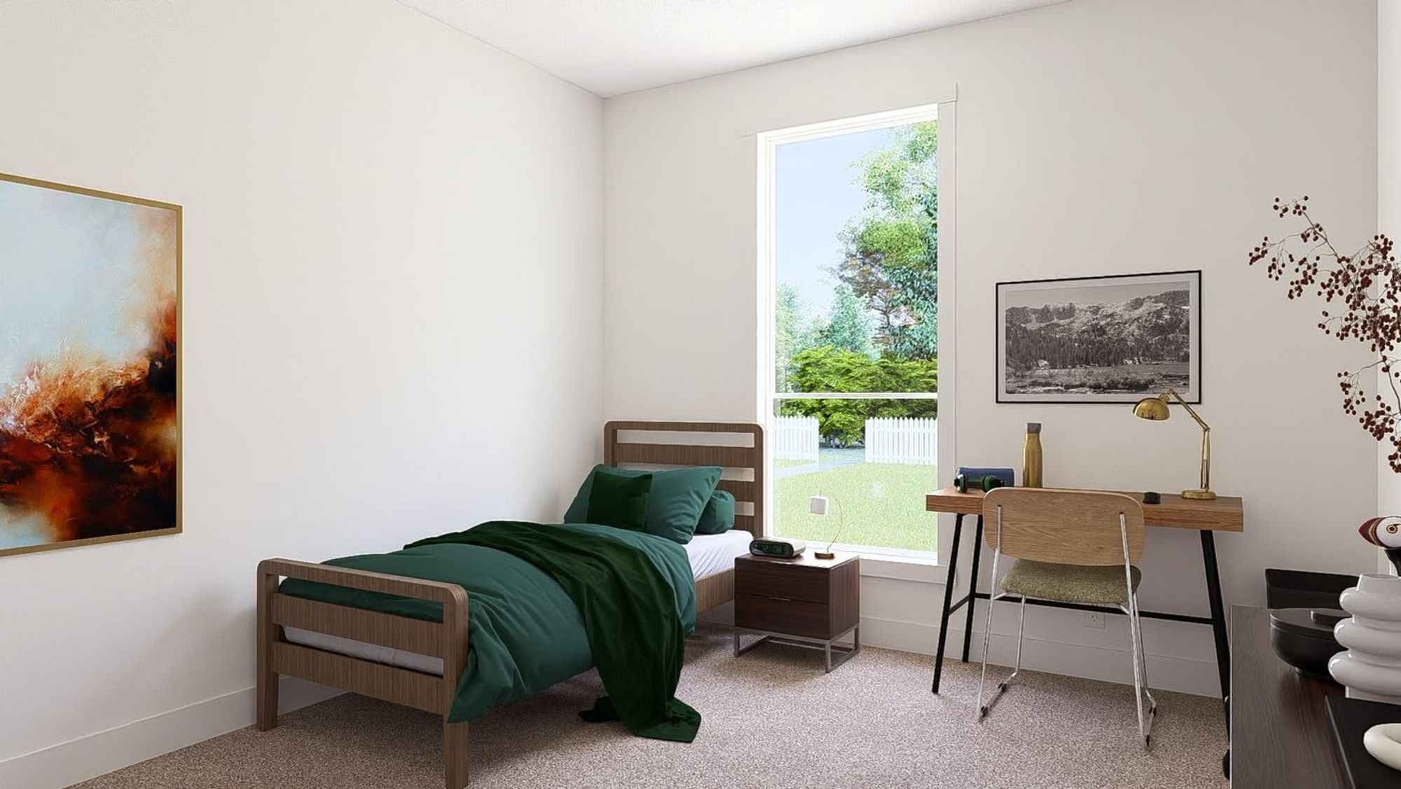 A medium-sized bedroom with a single bed, large windows, and a desk.