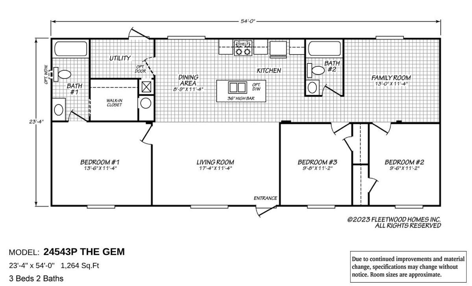Floor plan of Cavco Idaho Model 24543P "The Gem," a 1,264 sq. ft. home with 3 bedrooms and 2 bathrooms. Features include a spacious living room, open kitchen with island bar, dining area, utility room, family room, and a master suite with walk-in closet and private bath.