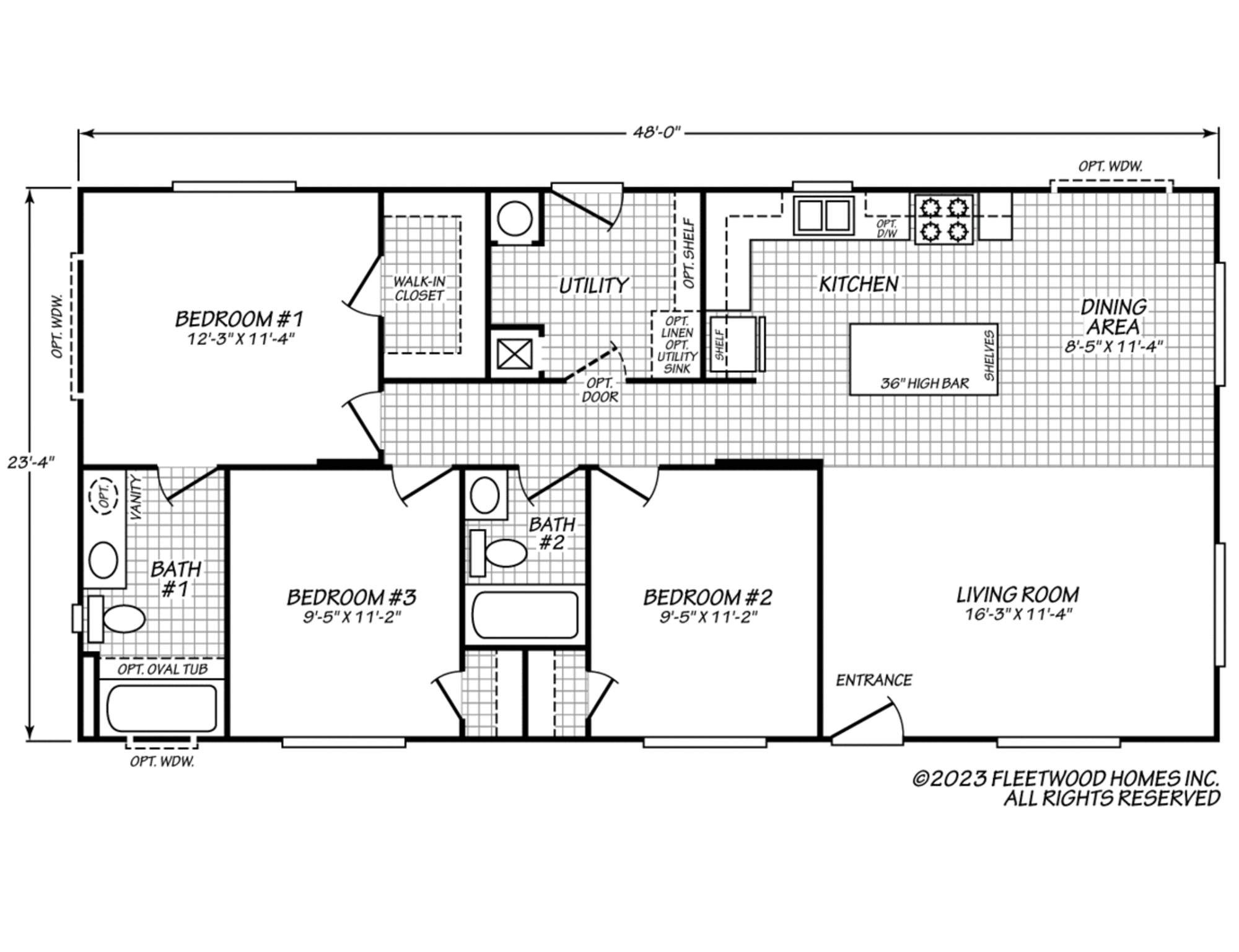This is a 3-bedroom, 2-bath home with a spacious living room, open kitchen with dining area and island bar, utility room, and a primary suite with walk-in closet and private bath.