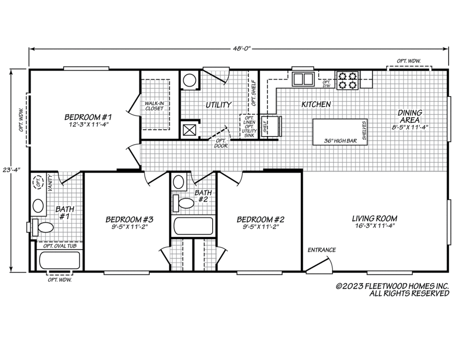 This is a 3-bedroom, 2-bath home with a spacious living room, open kitchen with dining area and island bar, utility room, and a primary suite with walk-in closet and private bath.