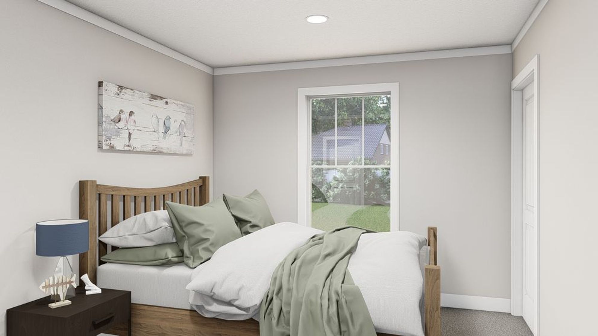 Small bedroom with a bed and one side table with a lamp