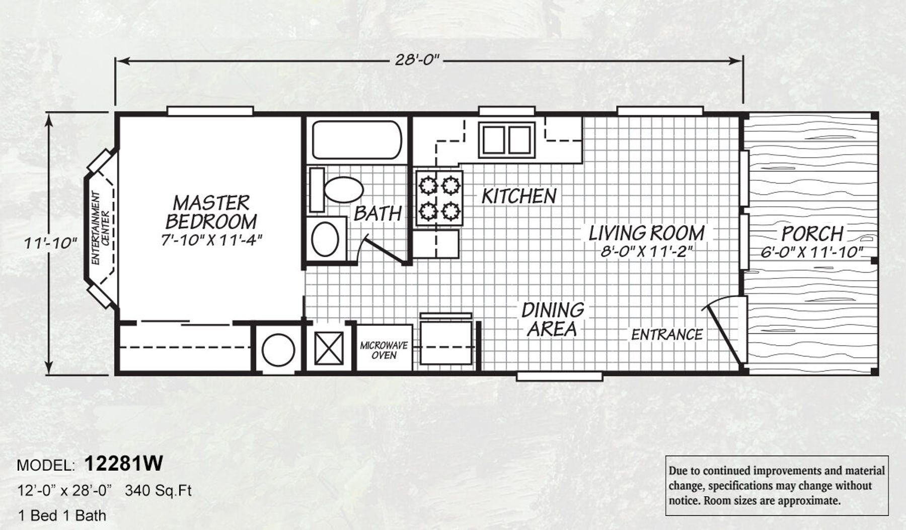 Floor plan for Model 12281W, a 340 sq. ft. home with 1 bedroom and 1 bathroom. Includes a front porch, living room, dining area, kitchen, bathroom, and master bedroom with an entertainment center. Room sizes and optional features are noted.