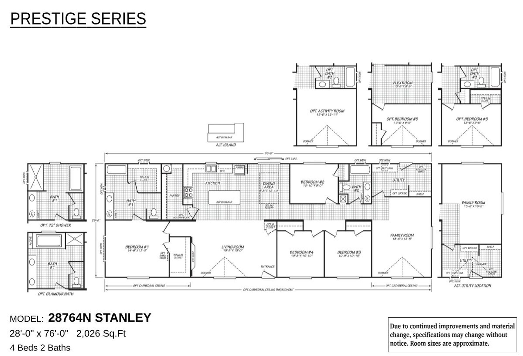 Floor plan of Prestige Series Model 28764N Stanley showing a 4-bedroom, 2-bathroom home layout with 2,026 square feet, including kitchen with island, dining area, living room, family room, utility room, and optional features like glamour bath, activity room, and cathedral ceiling