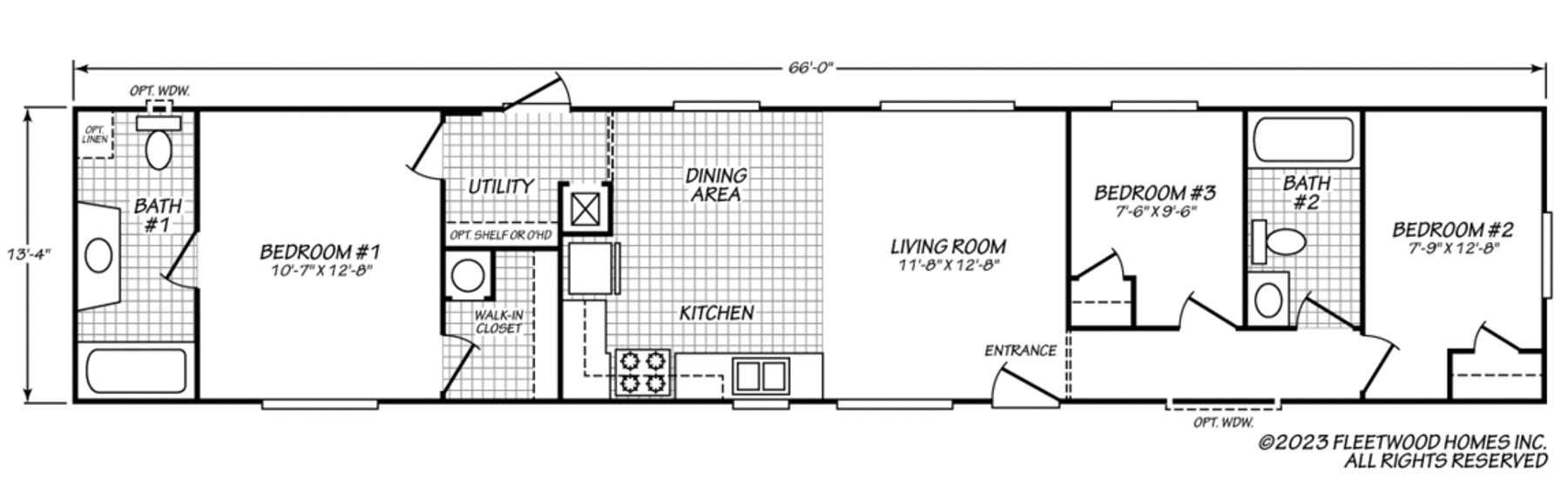 This is a 3-bedroom, 2-bath home with a central living room, dining area, kitchen, utility space, and a private primary suite with bath and walk-in closet.
