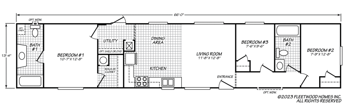 This is a 3-bedroom, 2-bath home with a central living room, dining area, kitchen, utility space, and a private primary suite with bath and walk-in closet.