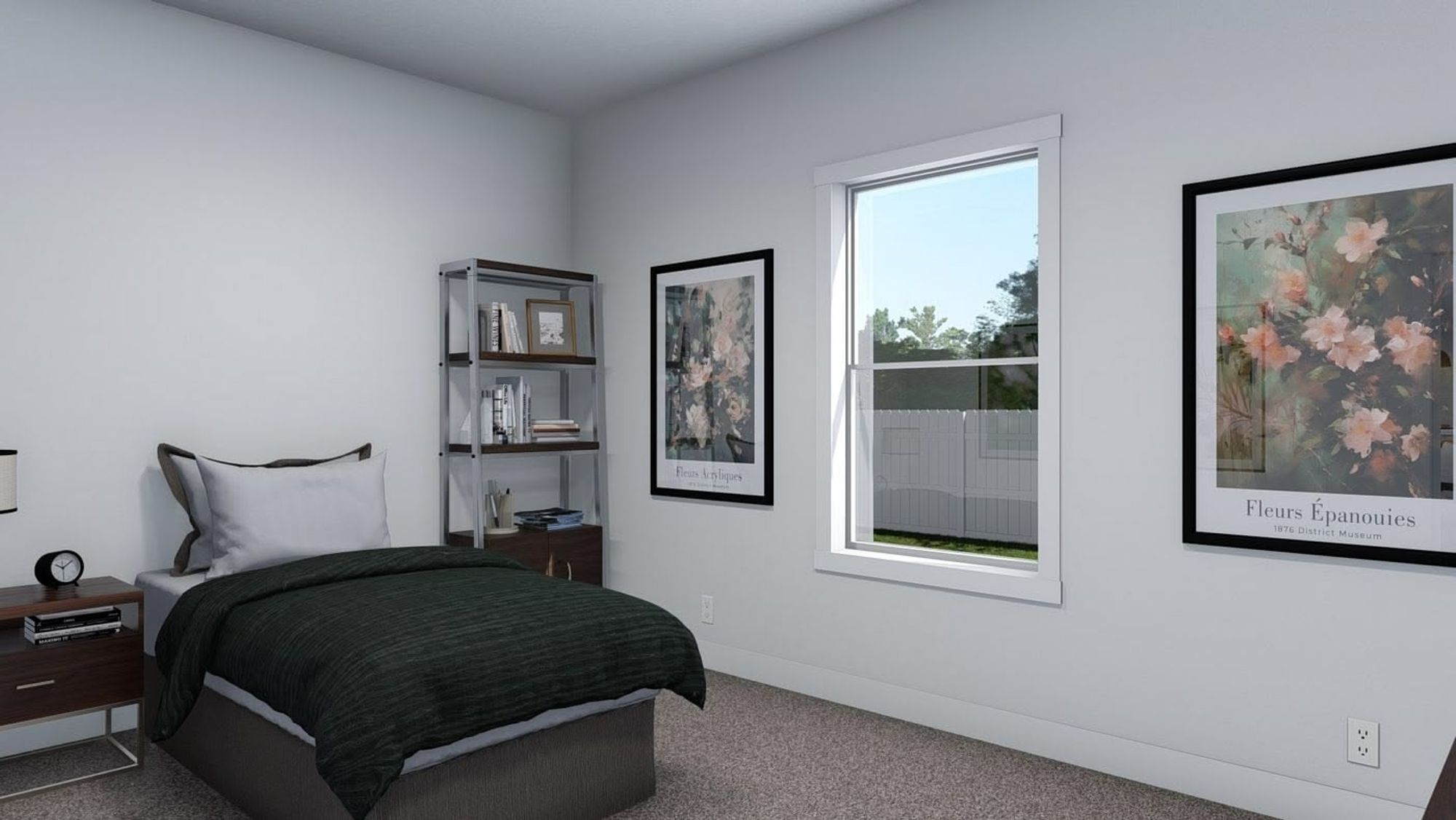 A medium-sized bedroom with a single bed, a windows, and a side table.