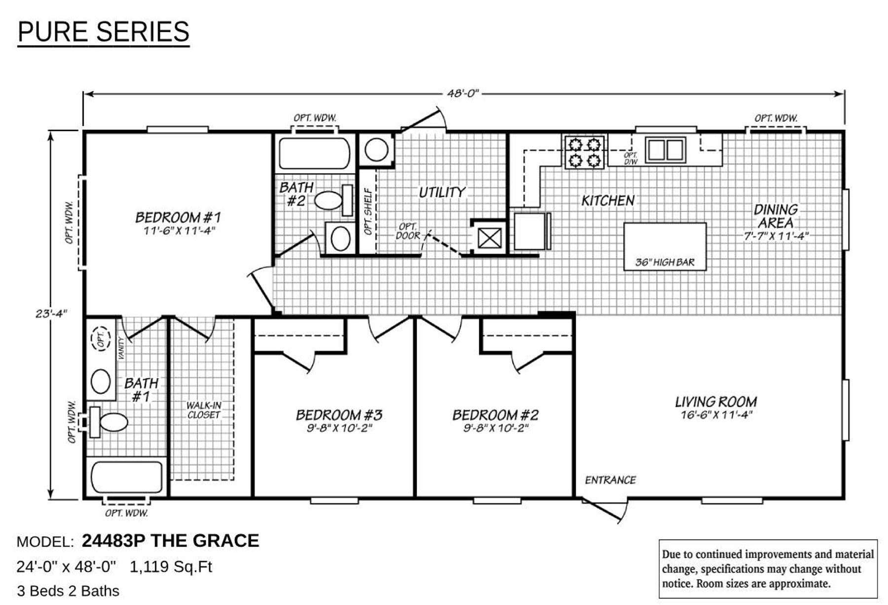 Floor plan of Cavco Idaho Model 24483P "The Grace," a 1,119 sq. ft. layout with 3 bedrooms and 2 bathrooms. Features include a spacious living room, open kitchen with island bar, dining area, utility room, and a master suite with walk-in closet and private bath.