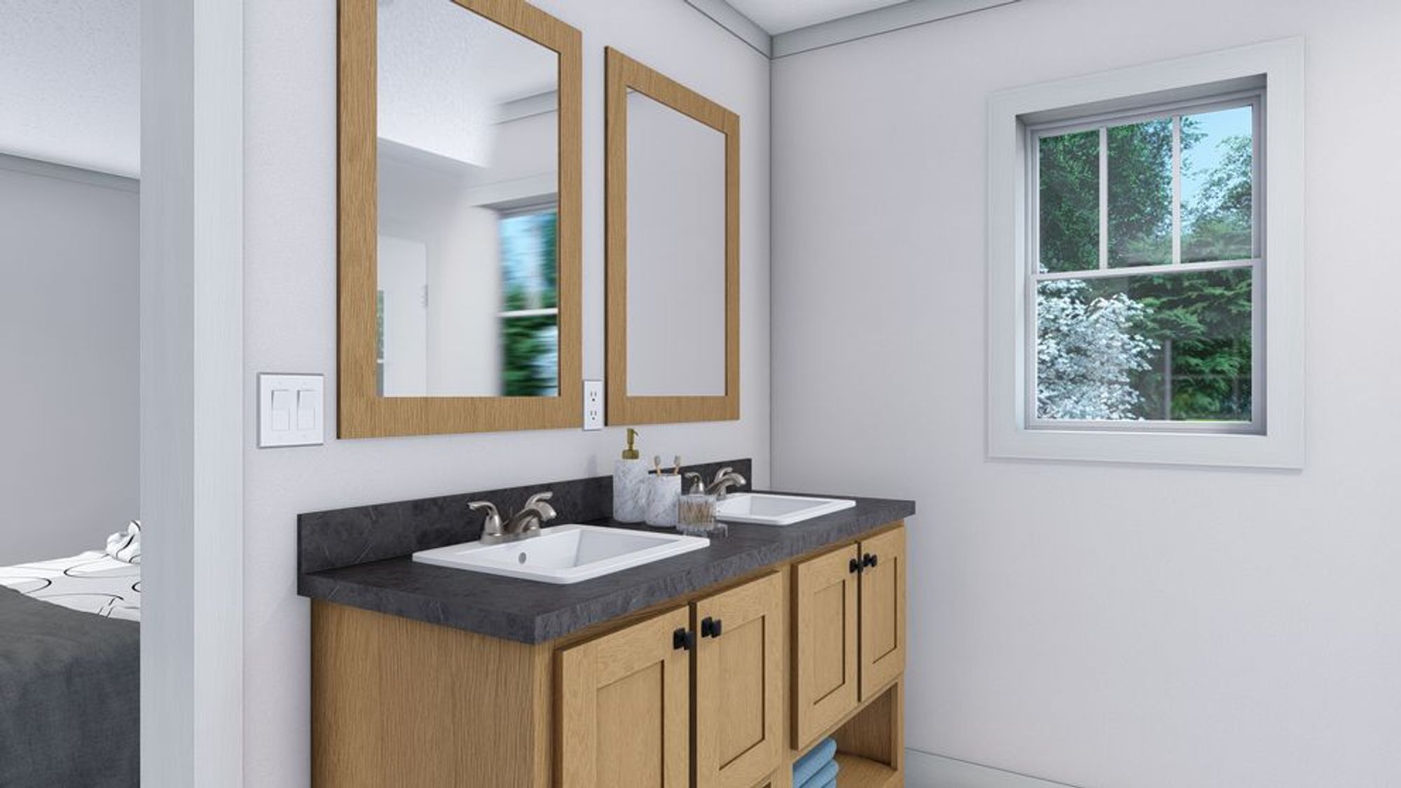 Close-up of a bathroom with a spacious double-sink countertop.