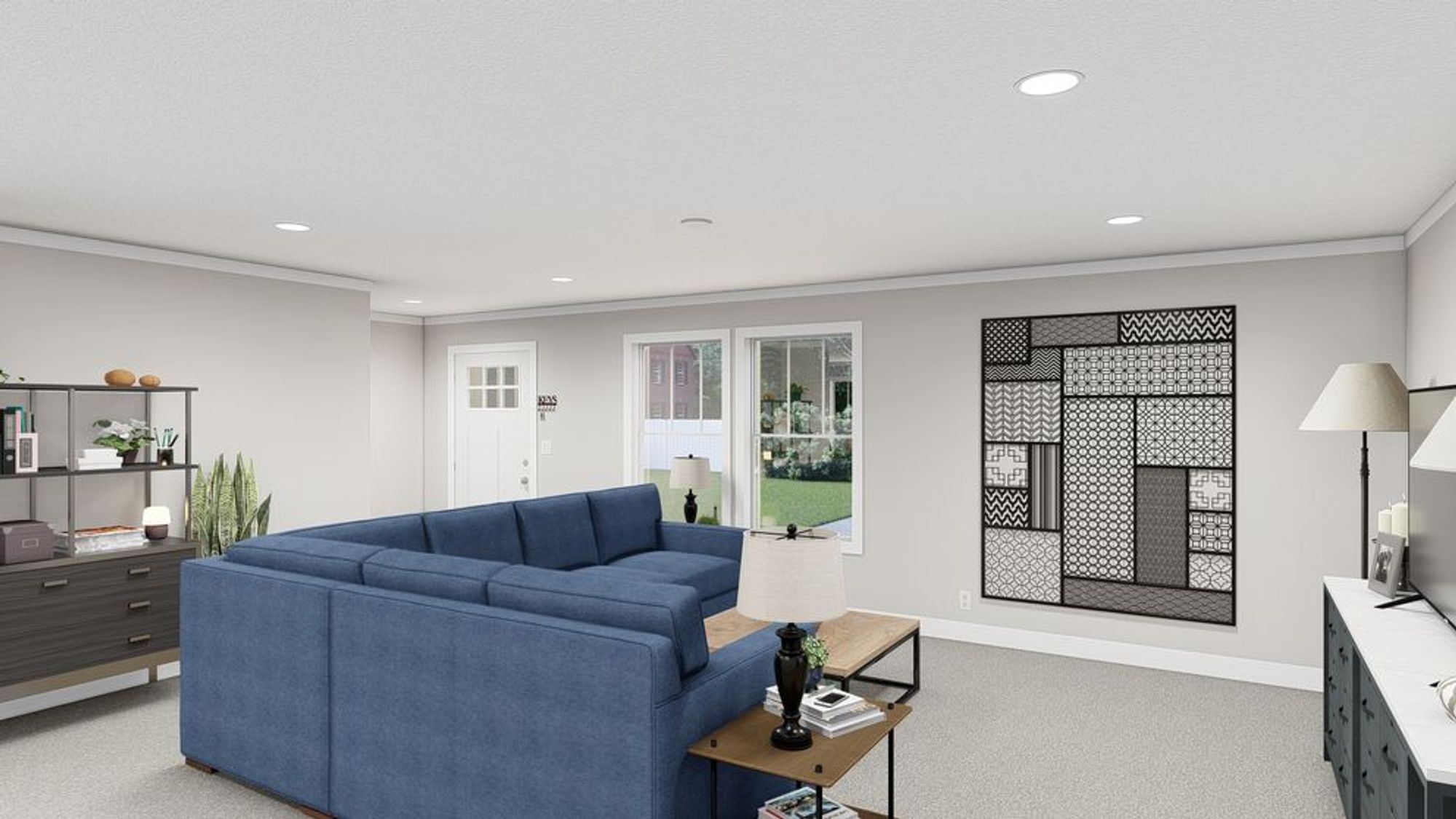 Large front room with a sectional couch