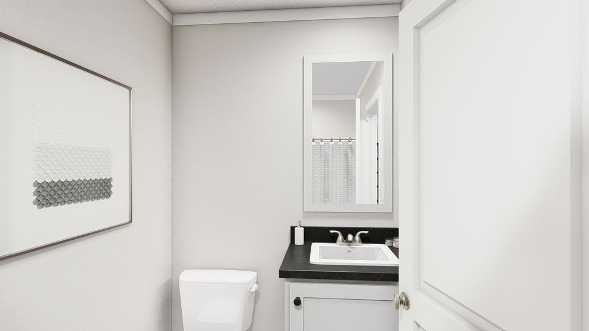 Small white bathroom with black countertop sink