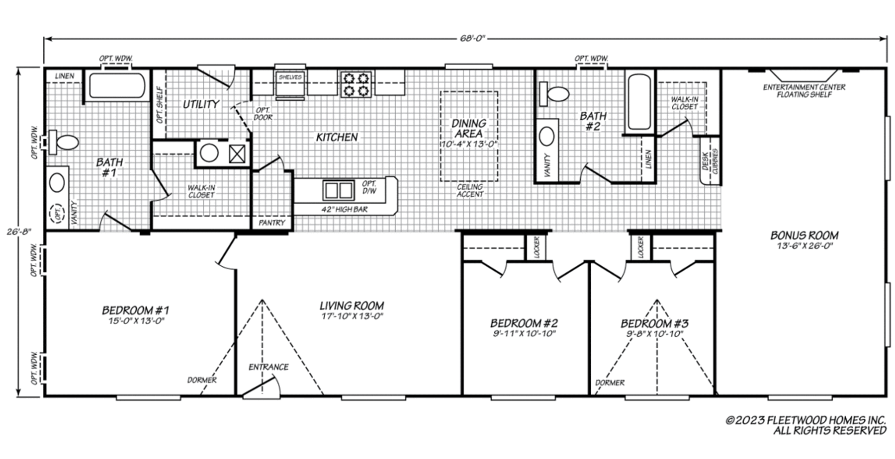 Floor plan of a manufactured home measuring 68' x 26'-8". Layout includes 3 bedrooms, 2 bathrooms, a living room, kitchen with island and dining area, utility room with walk-in closet, and a large bonus room with an entertainment center.