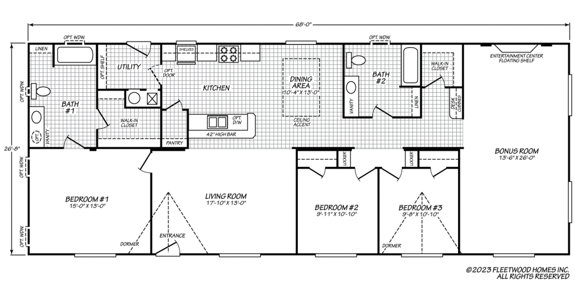 Floor plan of a manufactured home measuring 68' x 26'-8". Layout includes 3 bedrooms, 2 bathrooms, a living room, kitchen with island and dining area, utility room with walk-in closet, and a large bonus room with an entertainment center.